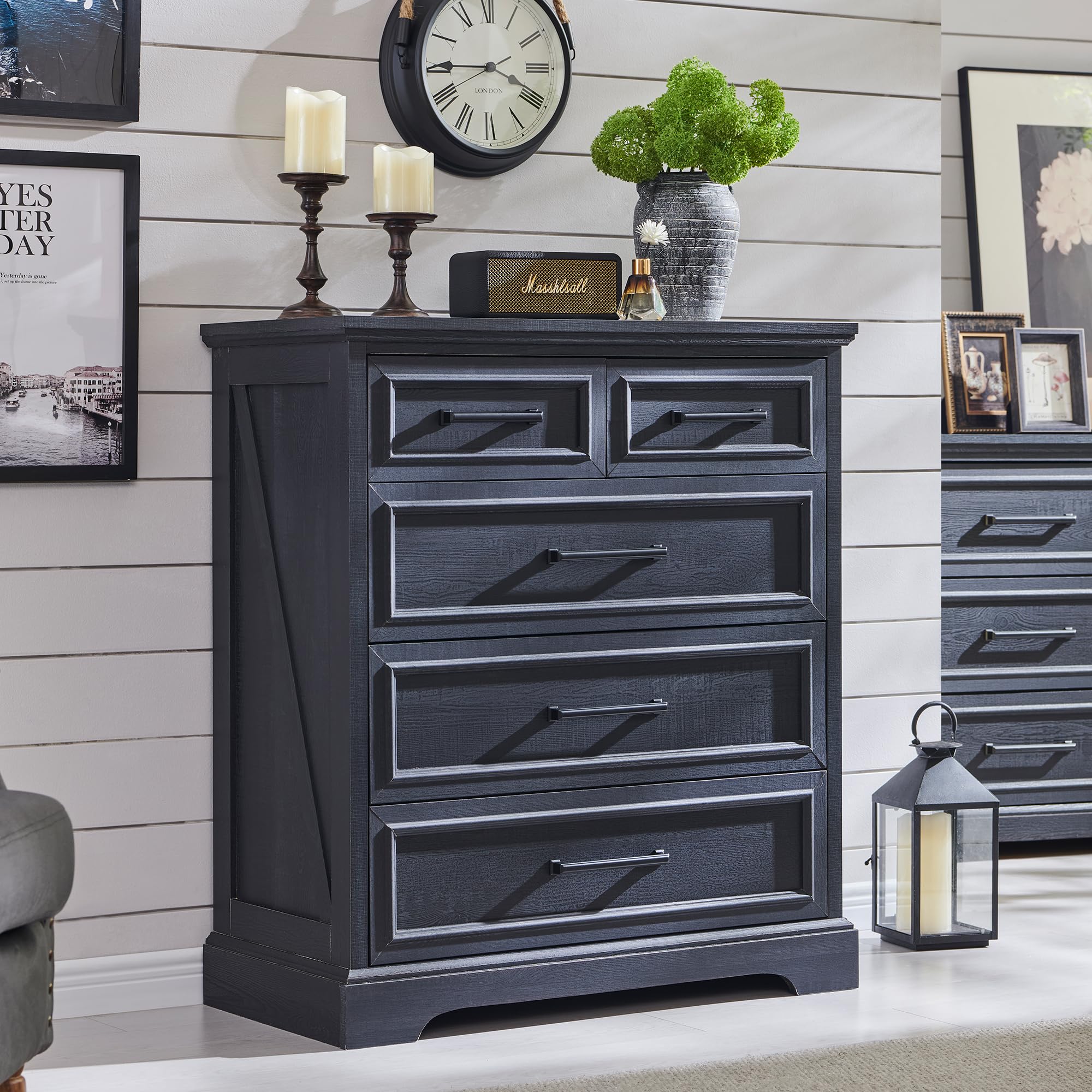 Farmhouse 5-Drawer Dresser for Bedroom - 36 Inch Tall Modern Chest of Drawers with Large Storage Space & Rustic Wood Finish - Perfect for Bedroom, Living Room, Hallway Organization - Black Home Furniture for Farmhouse & Rustic Decor Style
