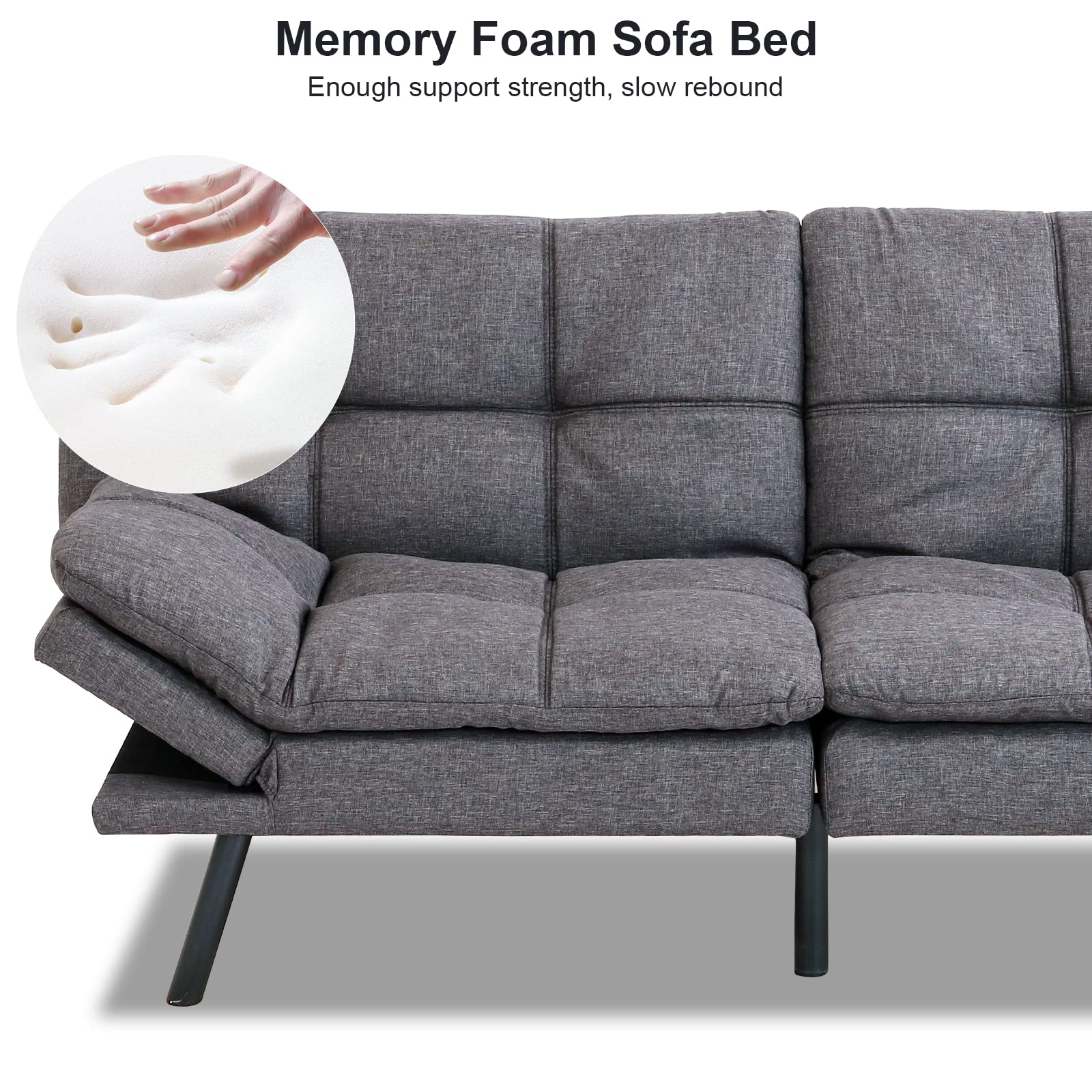 Maxspeed Convertible Futon Sofa Bed with Memory Foam - Modern Sleeper Loveseat for Small Spaces, Apartments & Home Office - Grey - Perfect for Guest Rooms, Studio Living & Compact Spaces