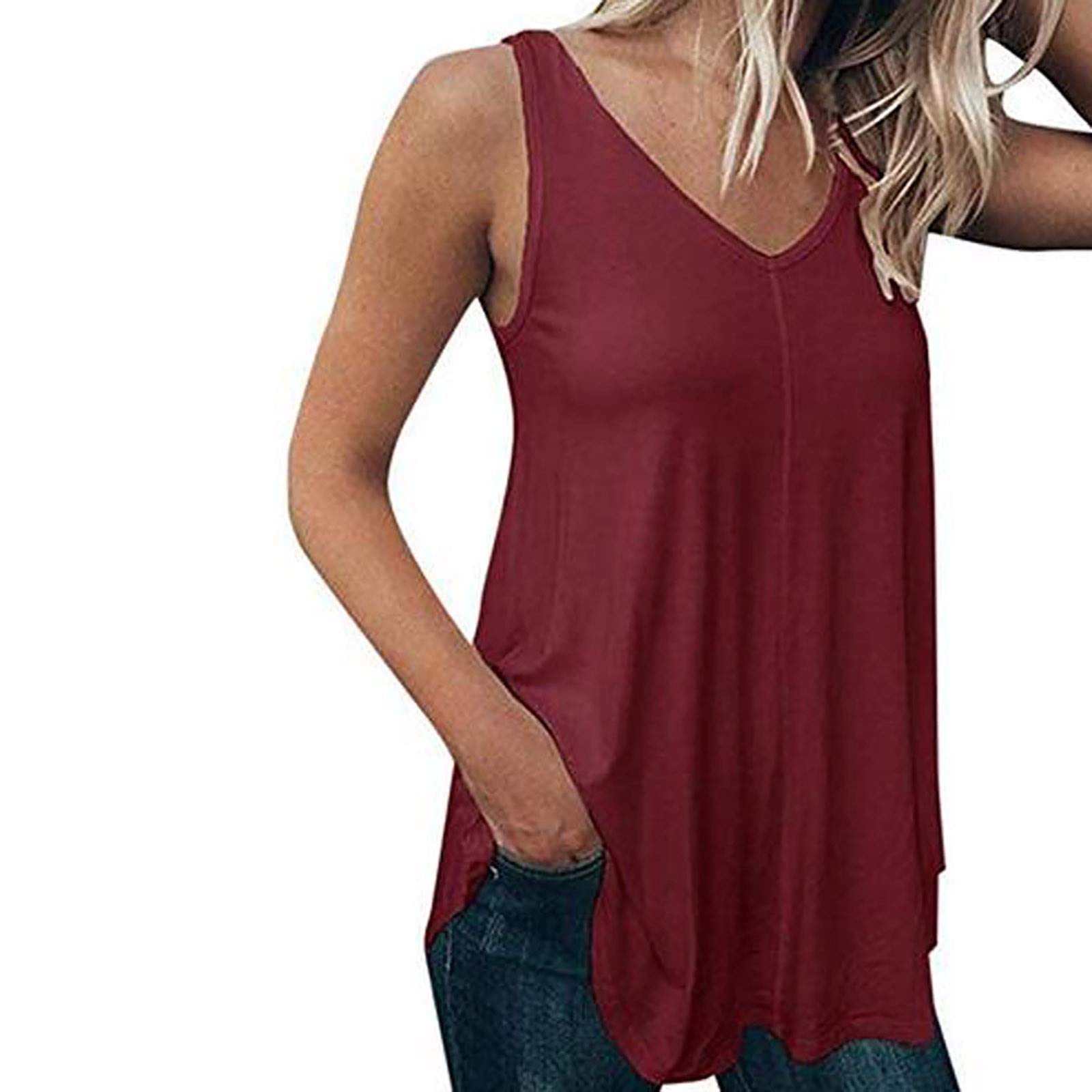 ZASUN Women's Sleeveless V-Neck Tank Tops - Summer Casual Solid Color Blouses & Plus Size T-Shirts | Perfect for Beach, Gym, and Everyday Wear