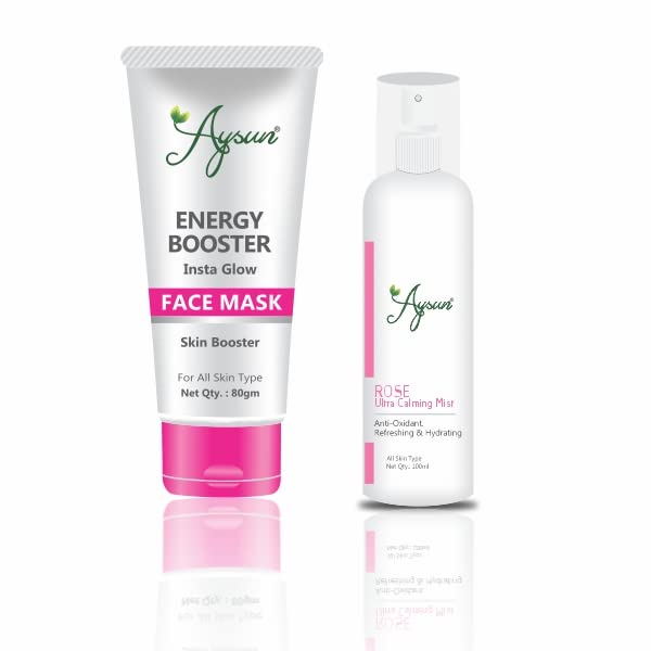 Aysun Energy Booster Face Mask & Rose Ultra Calming Mist Set - 2 Pack Hydrating Skincare Combo for Glowing Skin | Perfect for Daily Routine, Spa Day & Travel Skincare