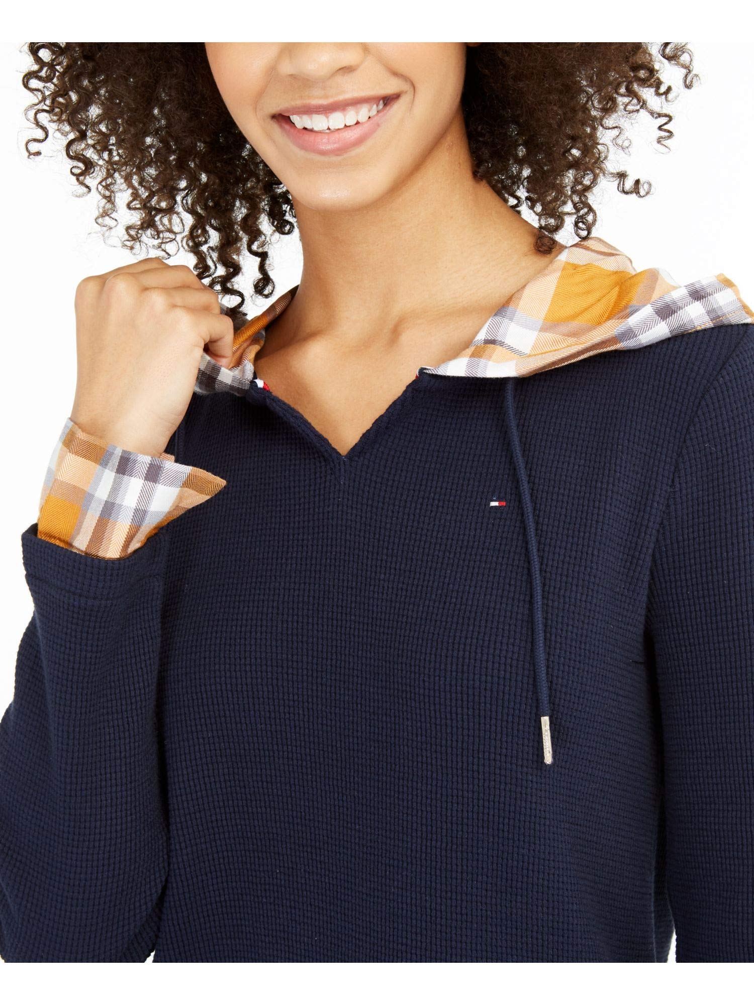 Tommy Hilfiger Women's Blue Sky Captain Plaid Waffle Knit Hooded Sweatshirt - Soft Layered Pullover Hoodie for Casual Wear, Outfits & Fall Fashion (Small)