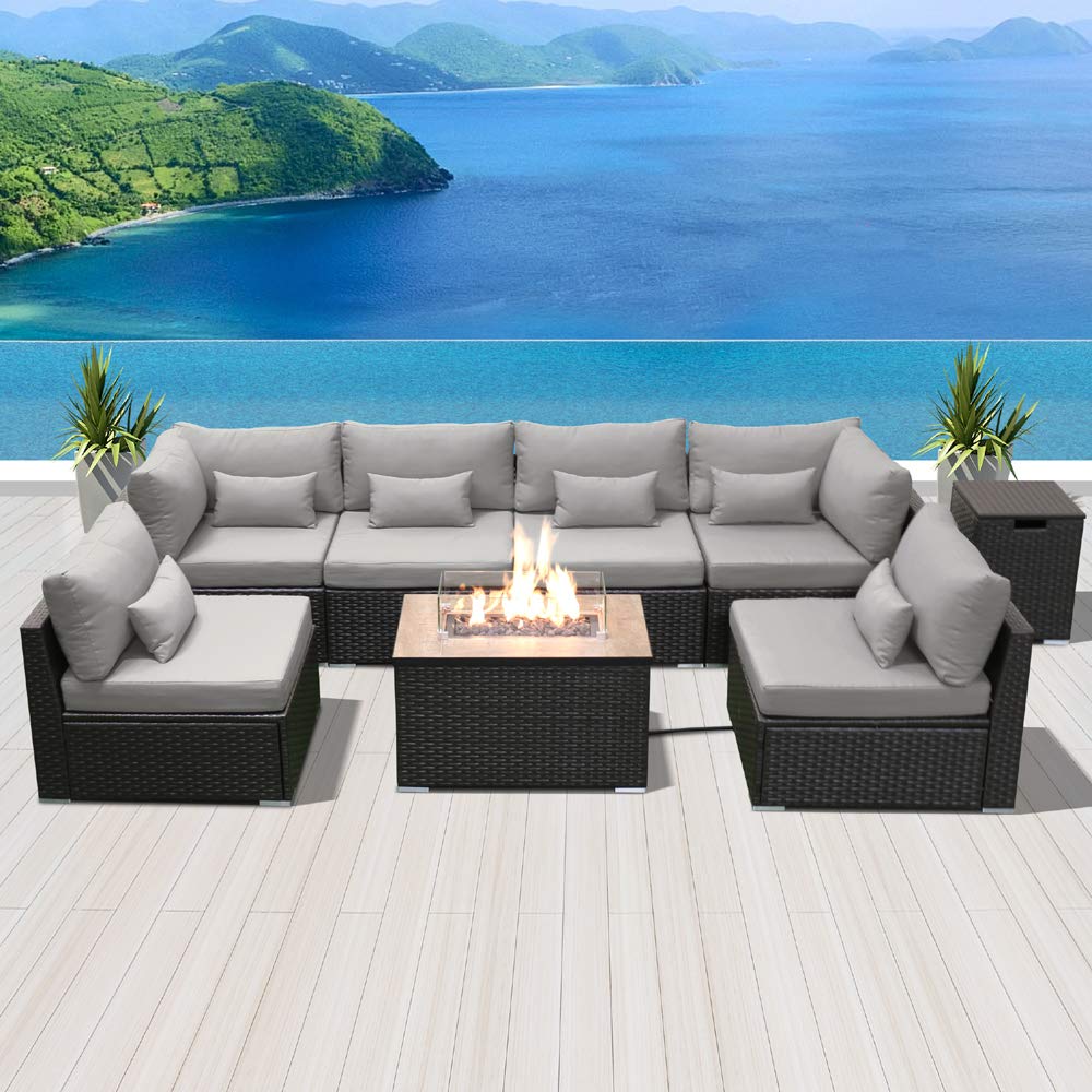 **Sunpeak Outdoor Fire Pit Table Set - Dark Brown Rattan Sectional Sofa with Propane Firepit, Light Gray Rectangular Table - Perfect for Patio, Backyard & Garden Relaxation**