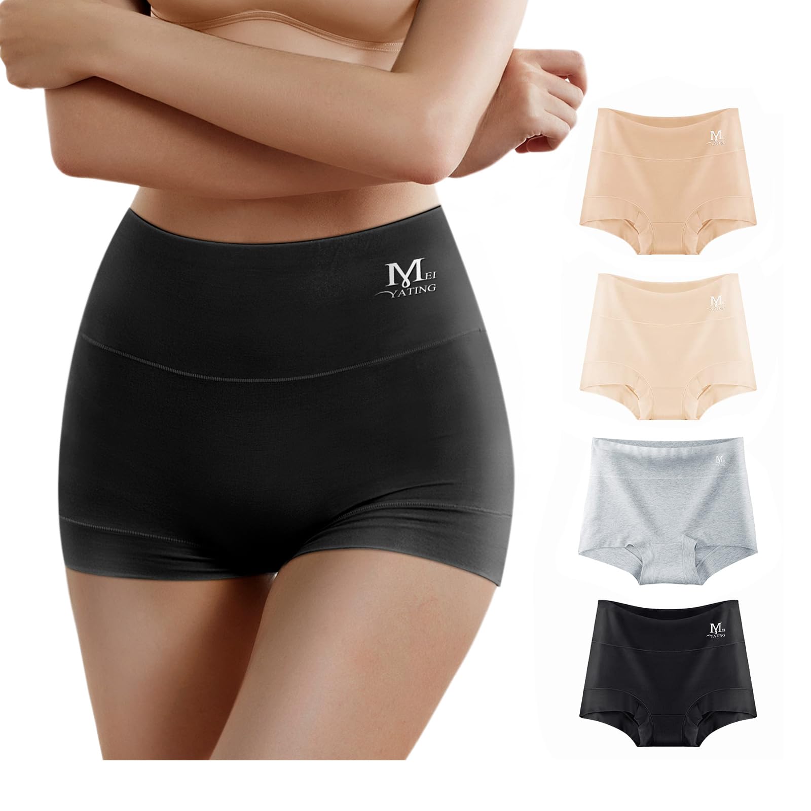 MEIYATING Women's High Waisted Cotton Boy Shorts Underwear - Soft Stretch Briefs 4 Pack - Comfortable Everyday Panties for Lounge, Sleep & Yoga