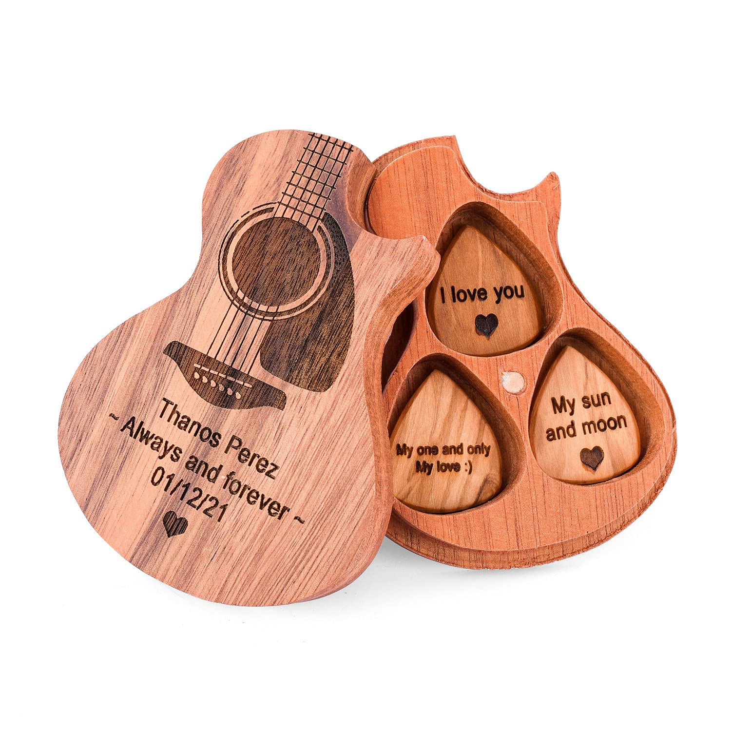 Custom Engraved Guitar Pick Set with Wooden Gift Box - Personalized Name, Date & Message - 3-Piece Guitar Picks for Electric, Bass & Classical Guitar - Perfect Gift for Dad & Guitarist Friends - Ideal for Birthdays, Anniversaries & Music Enthusiasts