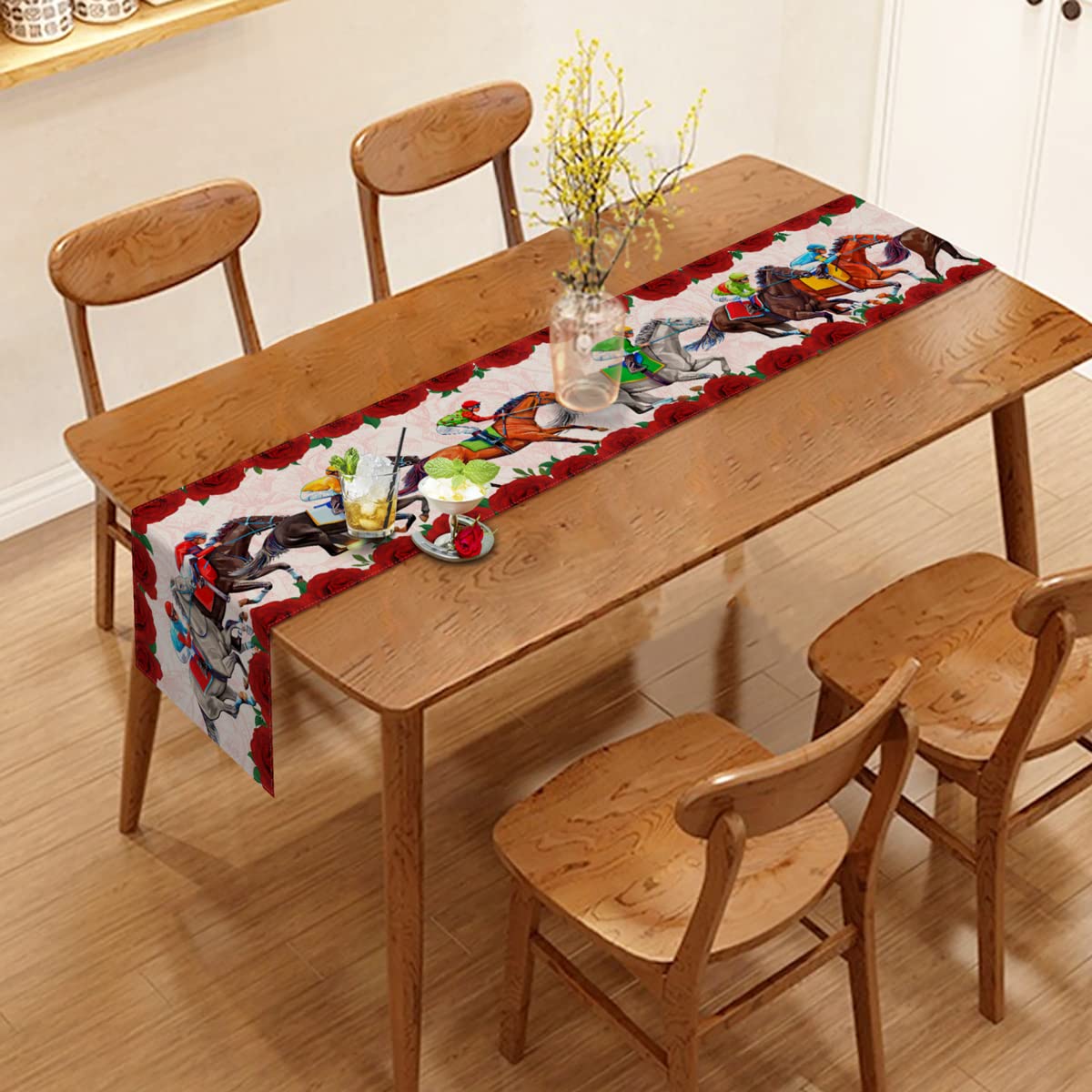 Kentucky Derby Churchill Downs Horse Racing Rustic Linen Table Runner for Home Party, Dining Room, and Kitchen Decoration