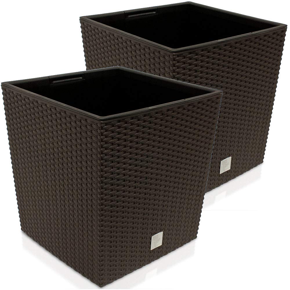 Deuba® 2-Pack 35L Square Flower Pots 32x32x33cm - Rattan Look Planters with Handles, Weatherproof Indoor/Outdoor Plant Box for Garden, Patio, Balcony Decor