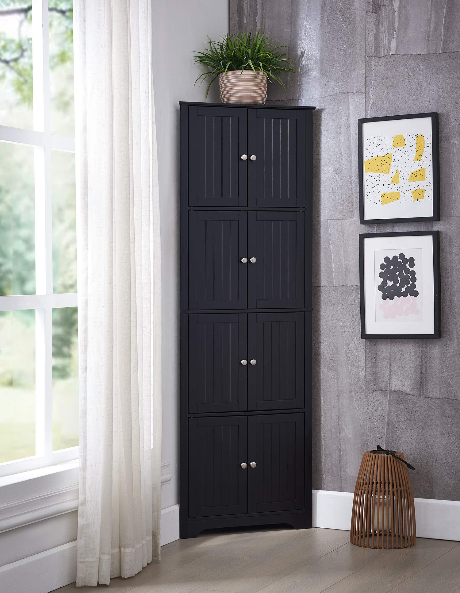 Kings Brand Lyons 68-Inch 4-Tier Corner Kitchen Pantry Cabinet with 8 Doors - Black | Space-Saving Storage Solution for Small Kitchens & Dining Rooms