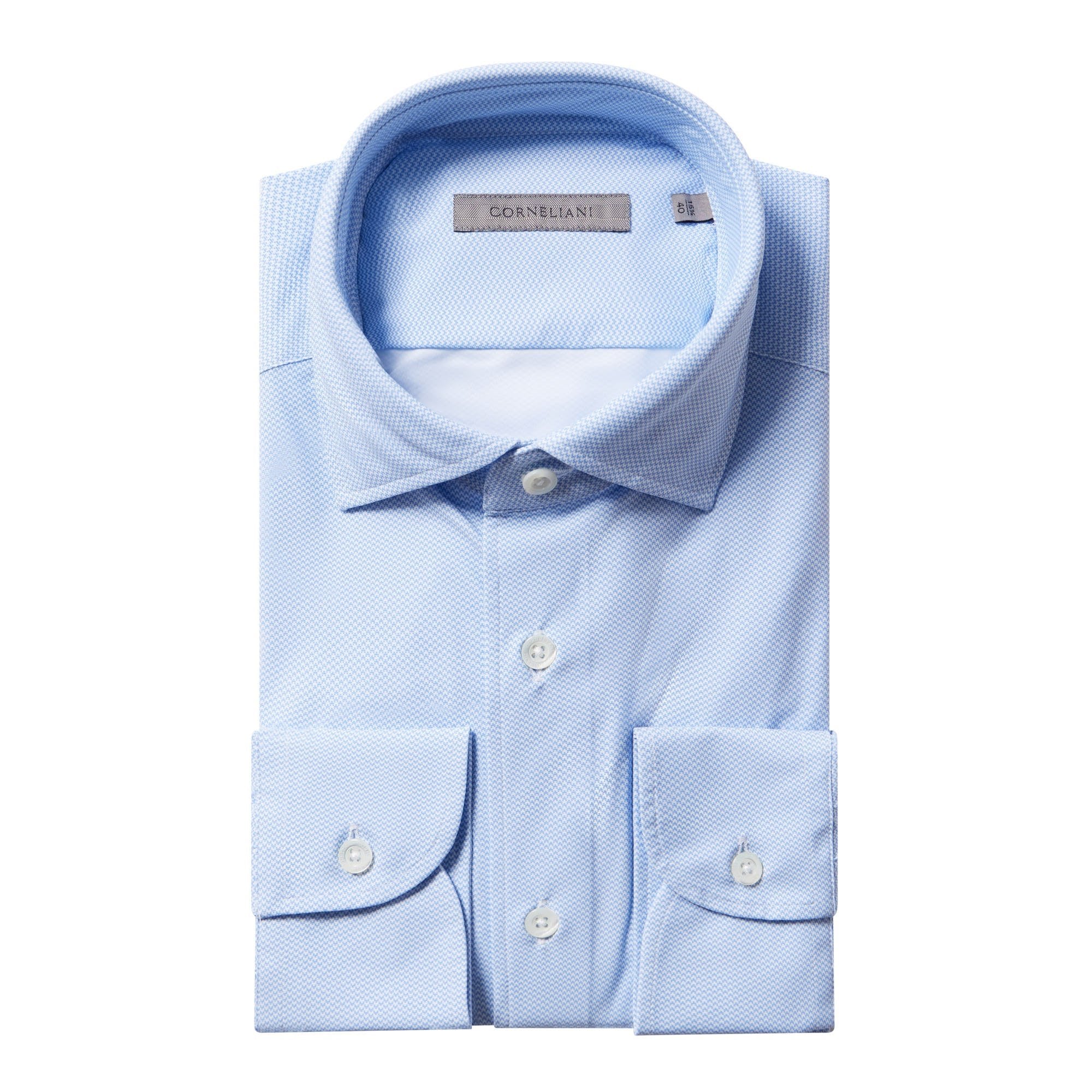 Corneliani Textured Dress Shirt with Single Cuff - Contemporary Fit Blue & White Striped - Perfect for Business Casual & Office Wear