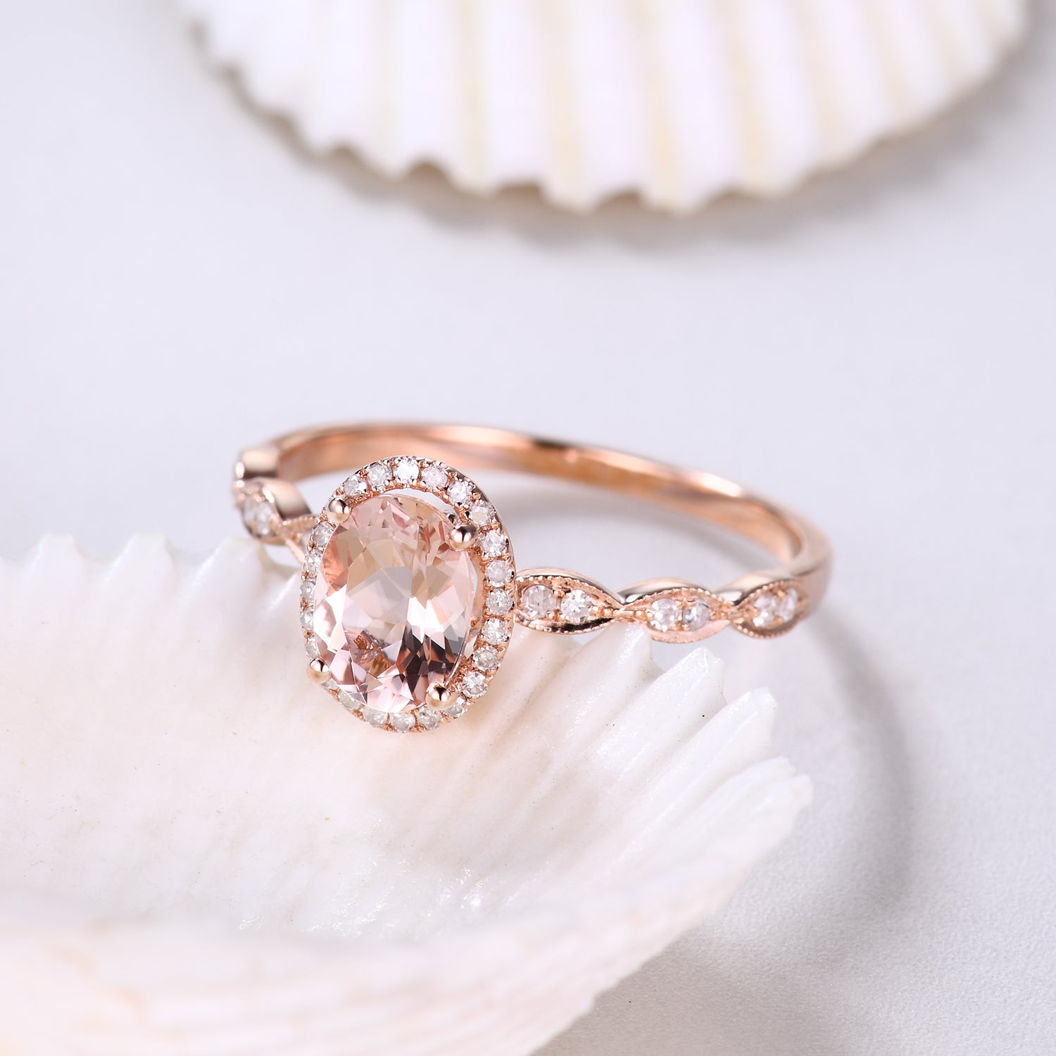 5x7mm Oval Cut Halo Morganite & Diamond Engagement Ring - Vintage Art Deco Style for Wedding, Proposal & Anniversary Gifts