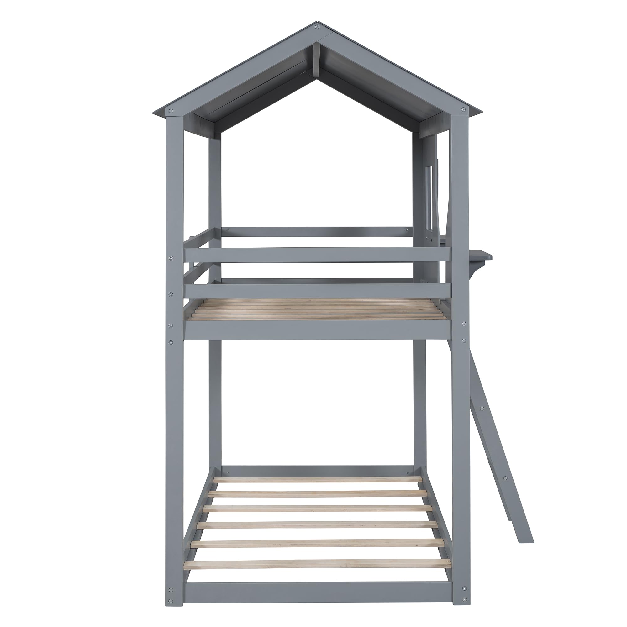 Polibi Twin-Over-Twin Wooden Bunk Bed with Playhouse Design - Farmhouse Style Kids Bunk Bed with Ladder & Safety Guardrails - Space-Saving Grey Bunk Bed for Kids' Bedroom, Playroom or Small Spaces