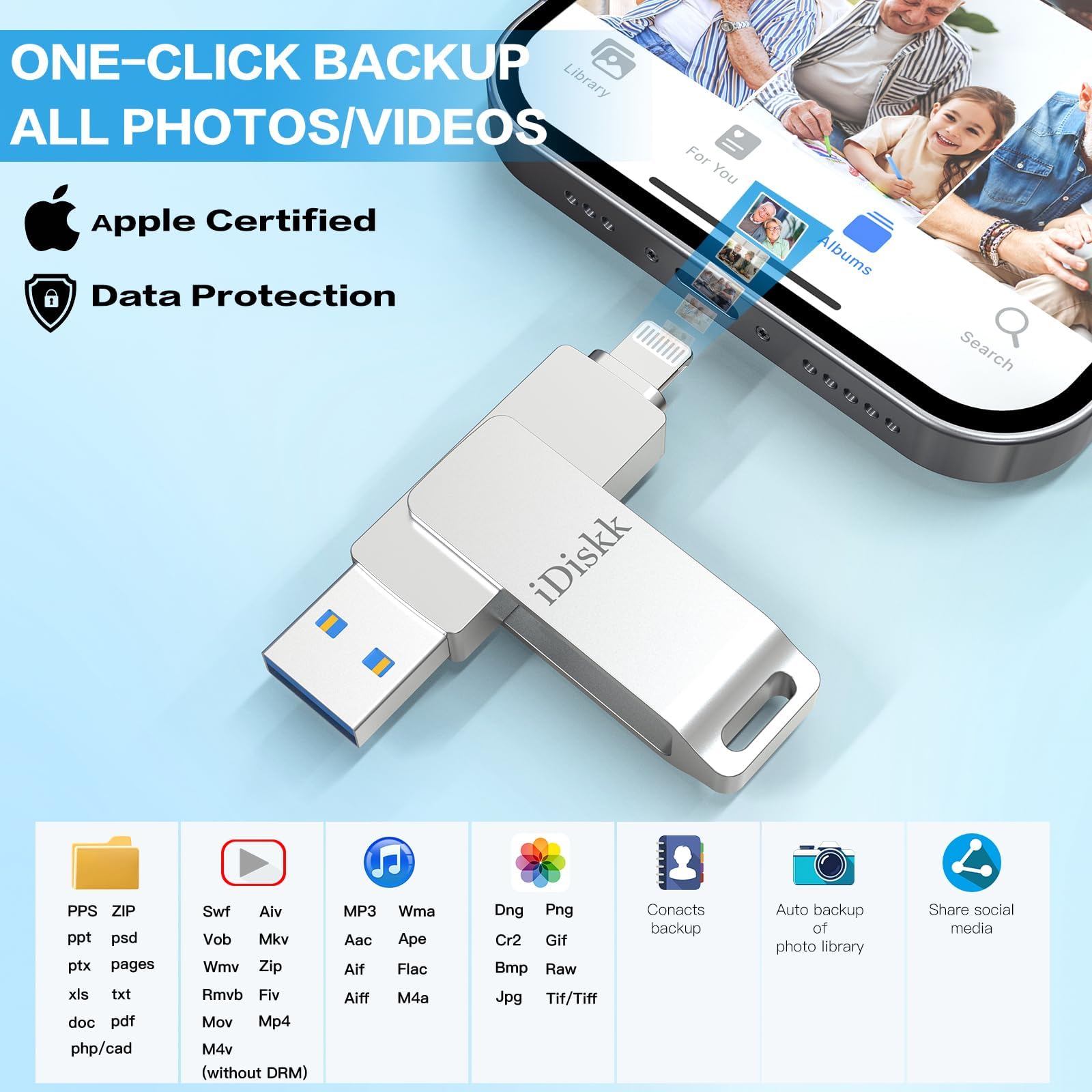 Apple Certified 1TB iDiskk Photo Storage Flash Drive for iPhone 14/13/12/11 Pro/Plus/Pro Max, iPad & MacBook - Lightning & USB External Memory Stick for Photos, Videos, Files - Perfect for Travel, Backup & Extra Storage