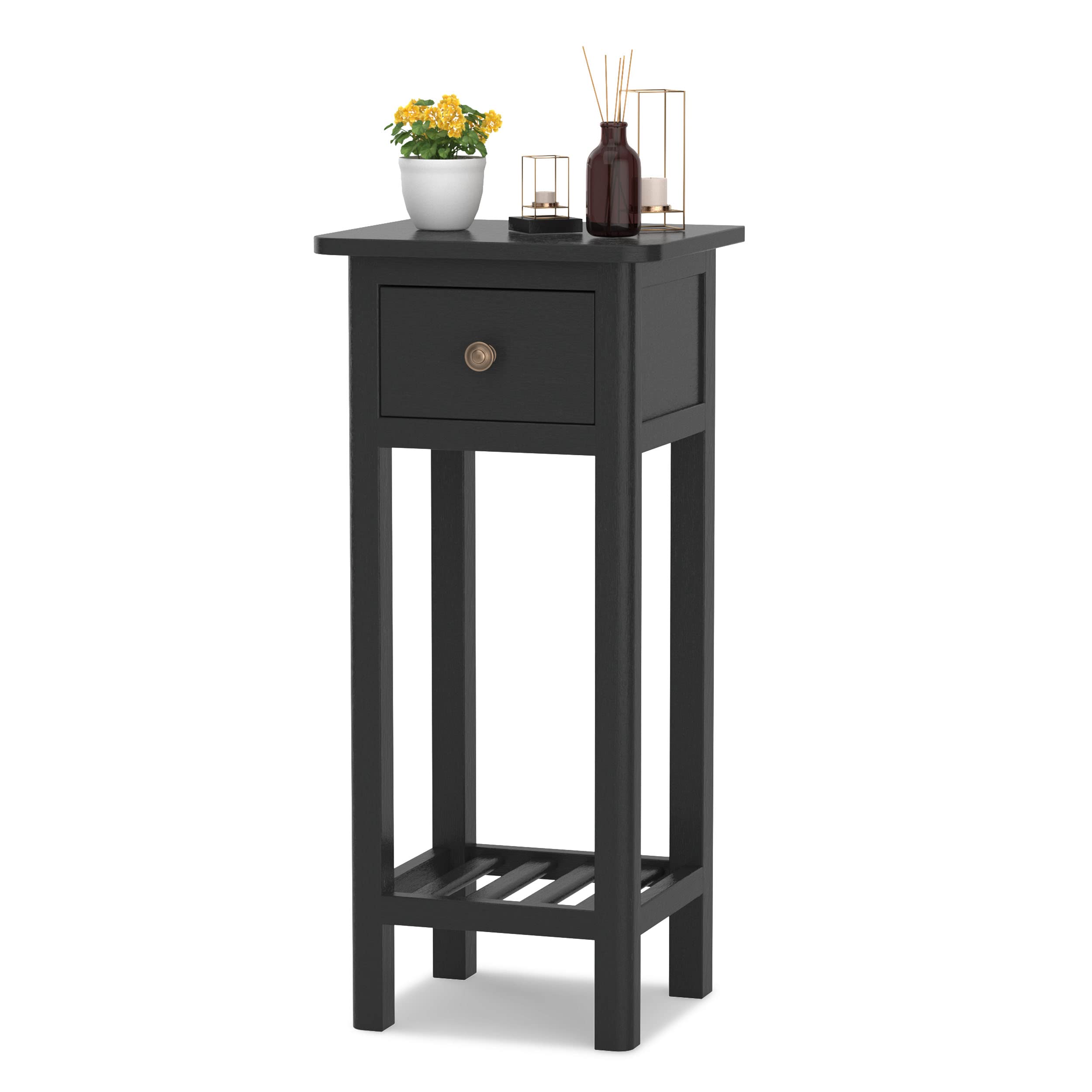 GORELAX Narrow End Table - Tall Nightstand with Drawer & Shelf, Slim Small Bedside Table with Anti-Tipping Device, No Assembly Required, Wooden Side Table for Small Spaces - Perfect for Living Room, Bedroom, Office or Dorm (Black)