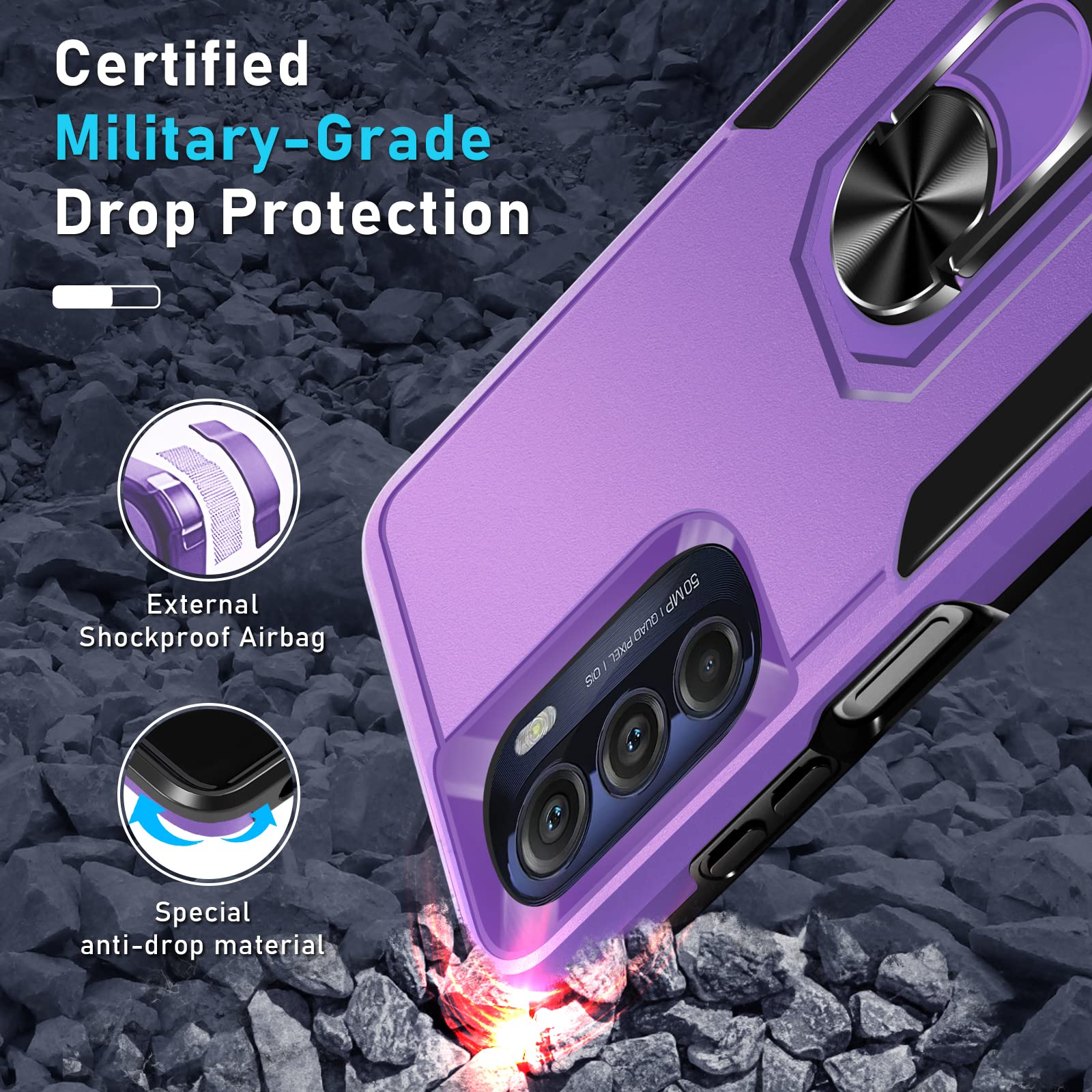Janmitta Heavy Duty Shockproof Case for Moto G 5G 2022 - Full Body Protective Cover with Built-in Rotatable Metal Ring Holder & Kickstand + Screen Protector (Lavender) | Perfect for Outdoor Activities, Travel, and Daily Protection