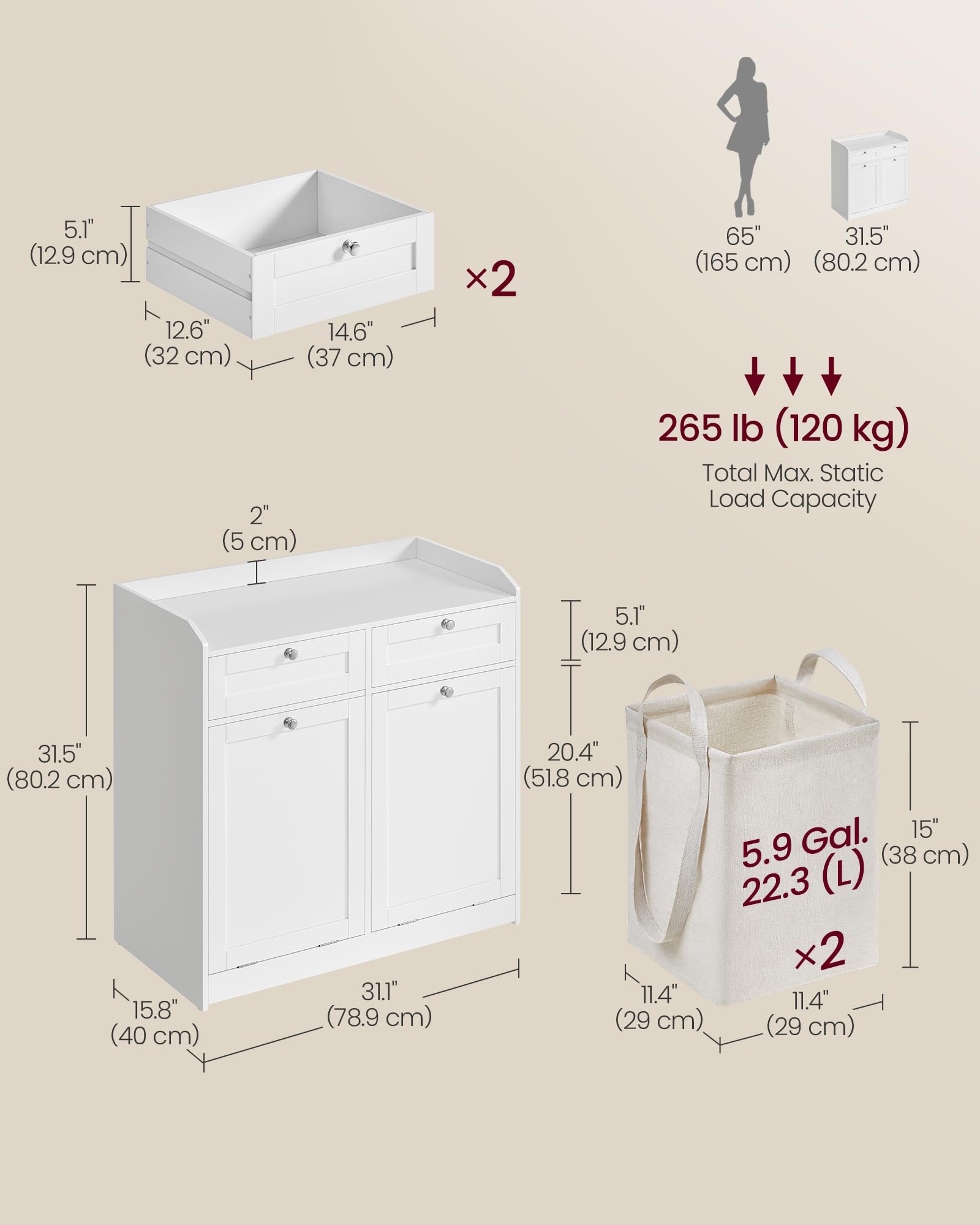 VASAGLE Freestanding Bathroom Laundry Storage Cabinet with 2 Drawers & 2 Tilt-Out Baskets, Hidden Hampers, White Storage Organizer for Bathroom, Laundry Room, Closet (31.1