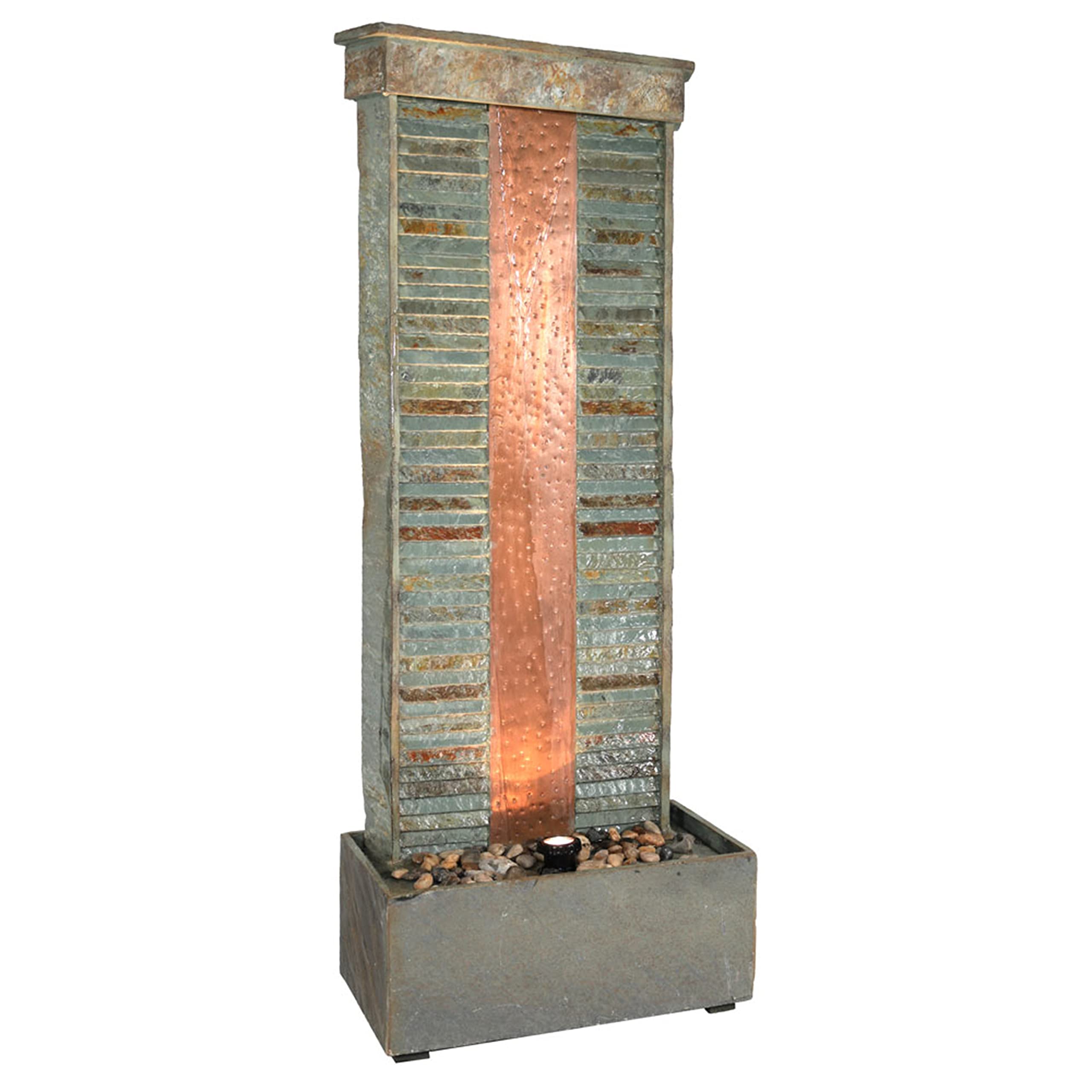 Sunnydaze 48-inch Rippled Slate Outdoor Water Fountain with LED Lights - Copper Accented Garden Water Feature for Patio, Deck, Backyard | Relaxing Ambient Decor for Outdoor Living Spaces