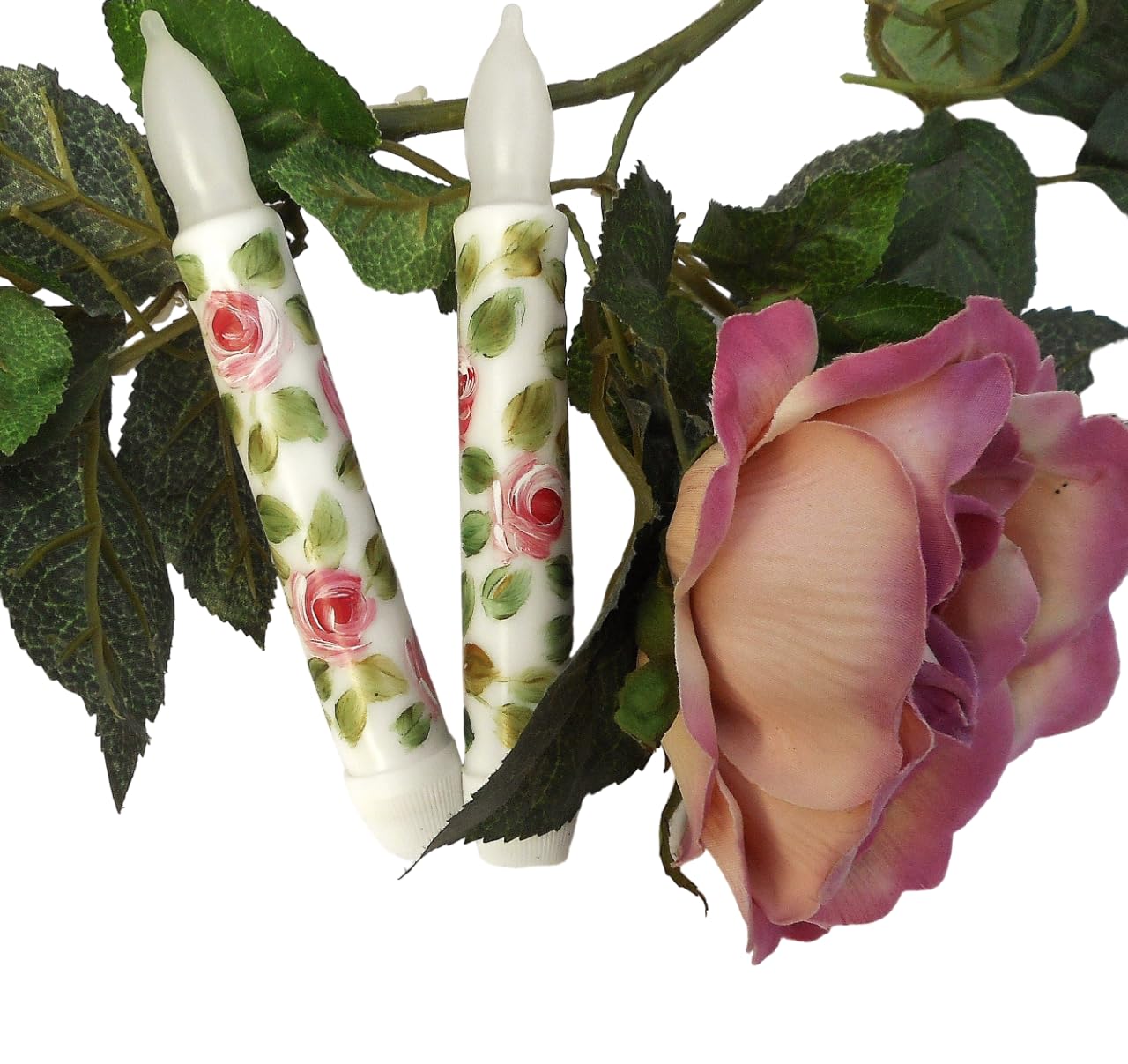 6 Inch Flameless LED Taper Candles with Hand-Painted Pink Roses - Battery Operated Romantic Decorative Candles for Wedding Centerpieces, Spring Home Decor, and Table Settings