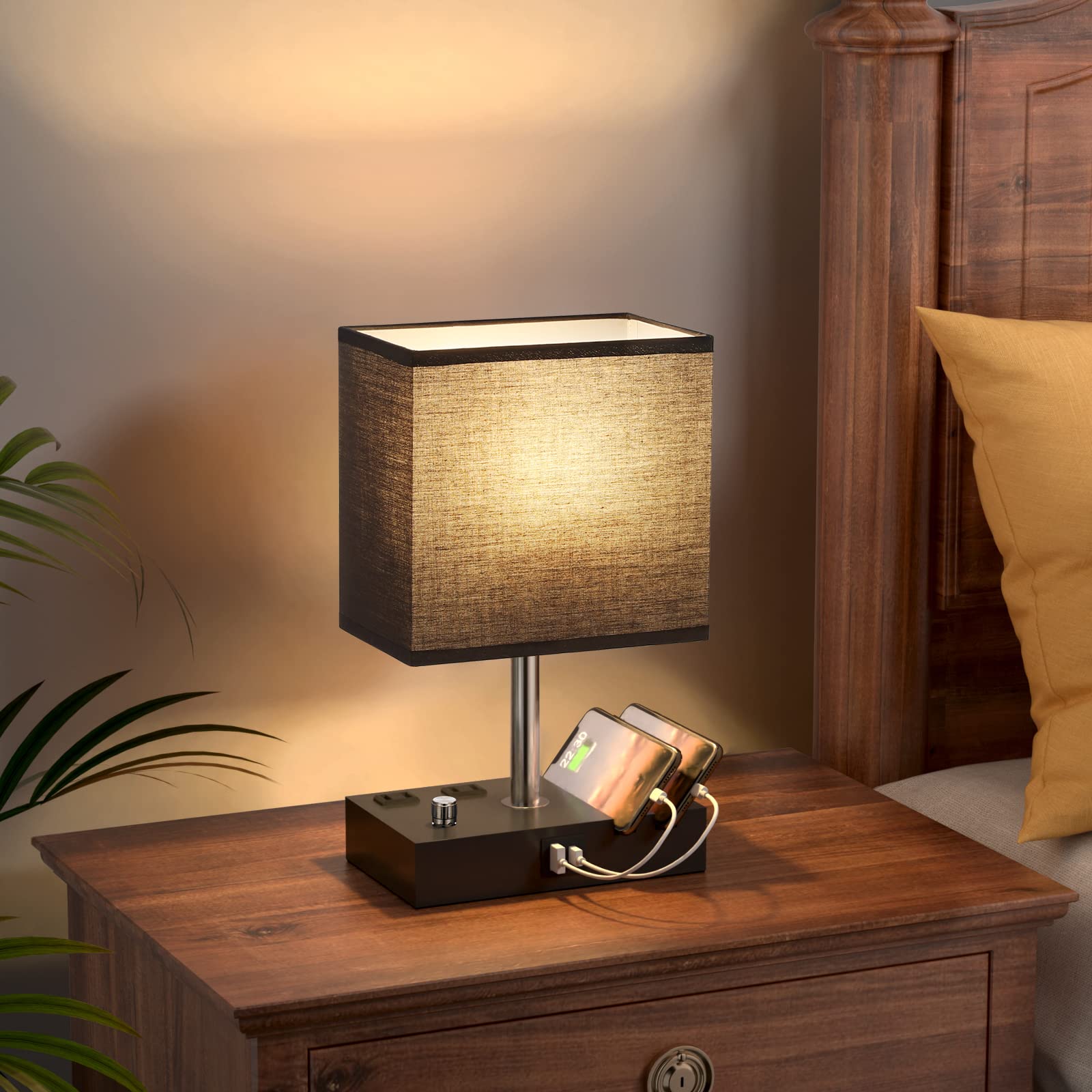 Dimmable Black Table Lamp with Dual USB Ports & Phone Stand - LED Bedside Lamp for Bedroom, Nightstand & Living Room - Includes Charging Outlets & LED Bulb - Perfect for Reading, Working & Phone Charging