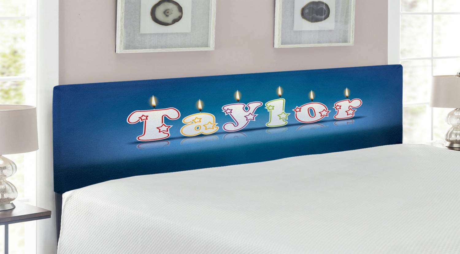 Ambesonne Taylor Upholstered King Size Headboard - Blue & Multicolor Candles Font Design with Memory Foam | Decorative Metal Bed Frame for Master Bedroom & Guest Room
