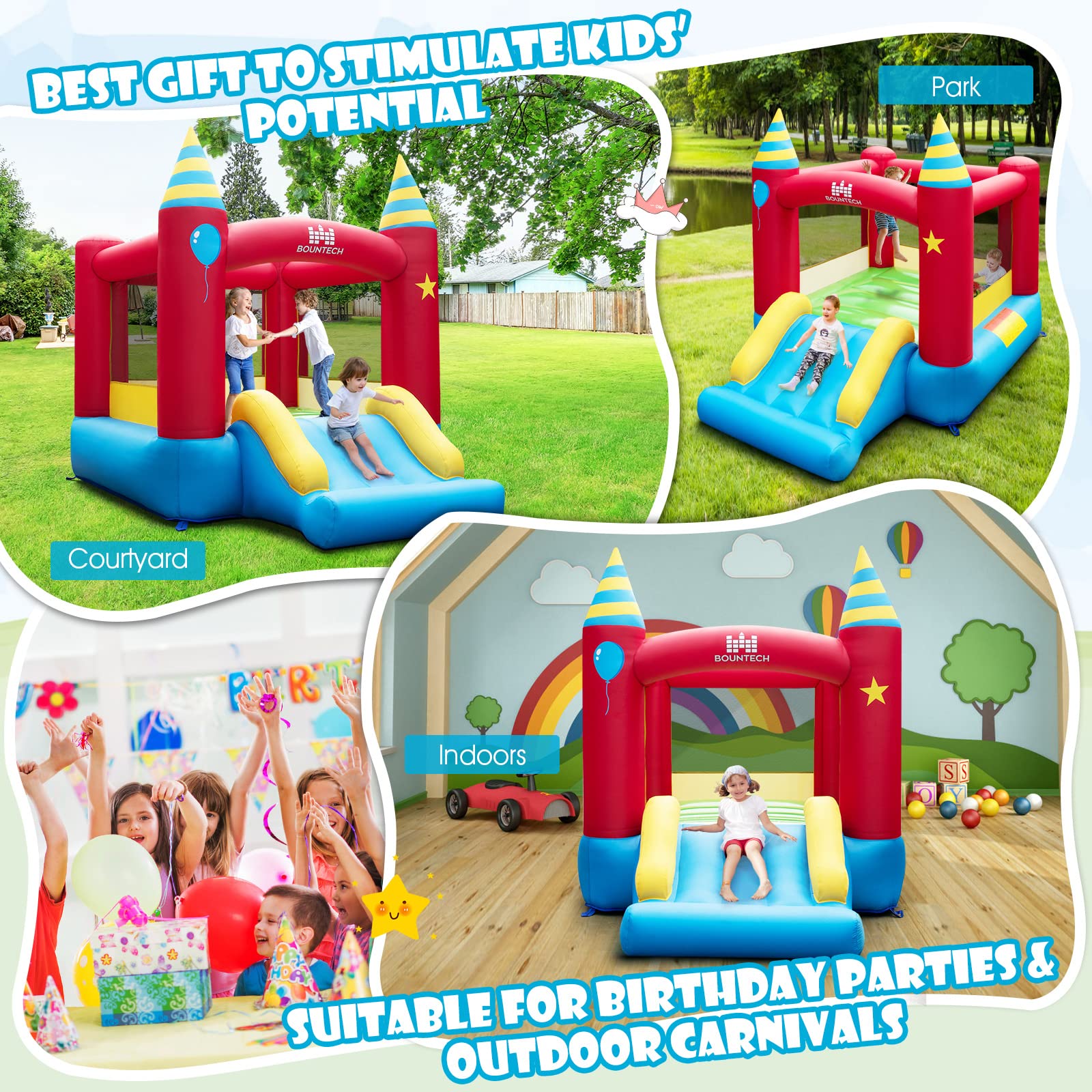 BOUNTECH Inflatable Bounce House for Kids 3-6 Years - Large Jumping Area with Slide | Indoor & Outdoor Bouncy Castle | Portable Backyard Playhouse for Toddler Boys & Girls | Perfect for Birthday Parties, Family Gatherings & Backyard Fun