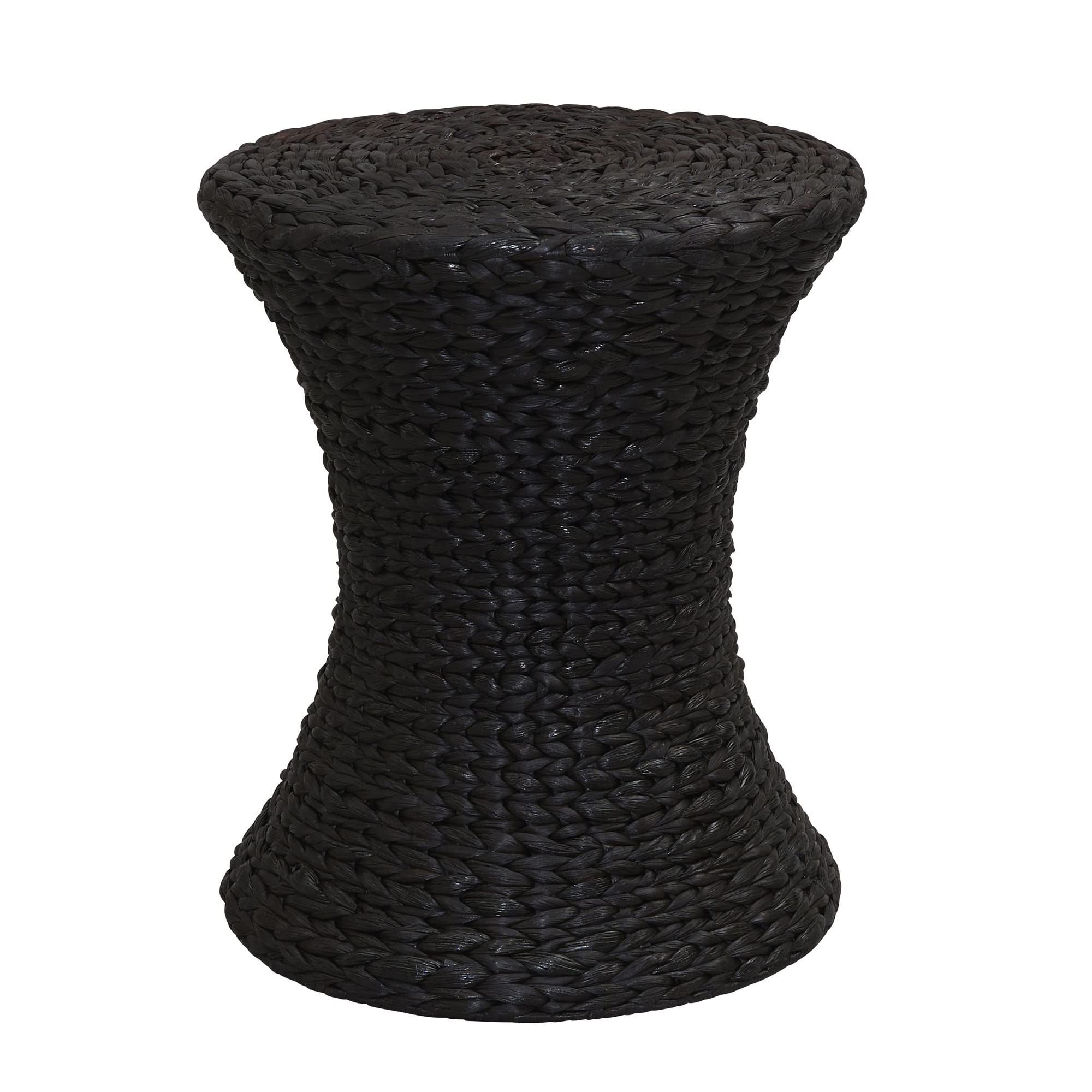 Handwoven Water Hyacinth Wicker Stool - Hourglass Shape Black Boho Side Table | Natural Rattan Footstool for Living Room, Bedroom, Patio & Outdoor Decor