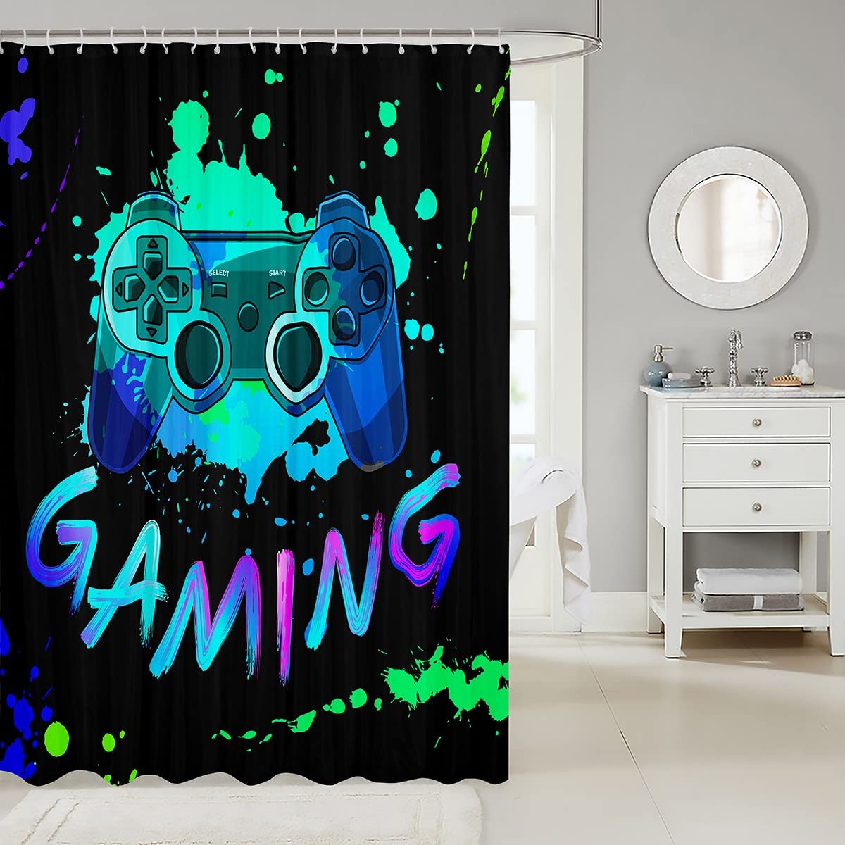 Hip Hop Graffiti Style Waterproof Video Game Shower Curtain - 72x72 Inches Modern Gamer Bathroom Decor with 12 Hooks - Perfect for Bathrooms, Showers & Bathtubs - Great Gift for Gamers & Music Lovers