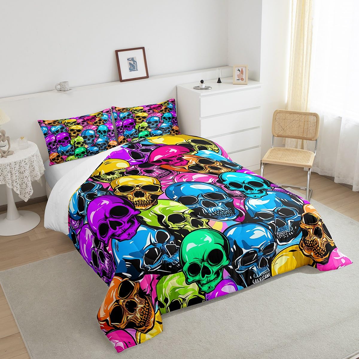 **Vibrant Sugar Skull Bedding Set - Gothic Skeleton Comforter with 2 Pillowcases - Queen Size Halloween Themed Bedroom Decor for Kids & Boys - Perfect for Spooky Room Makeovers & Themed Parties**