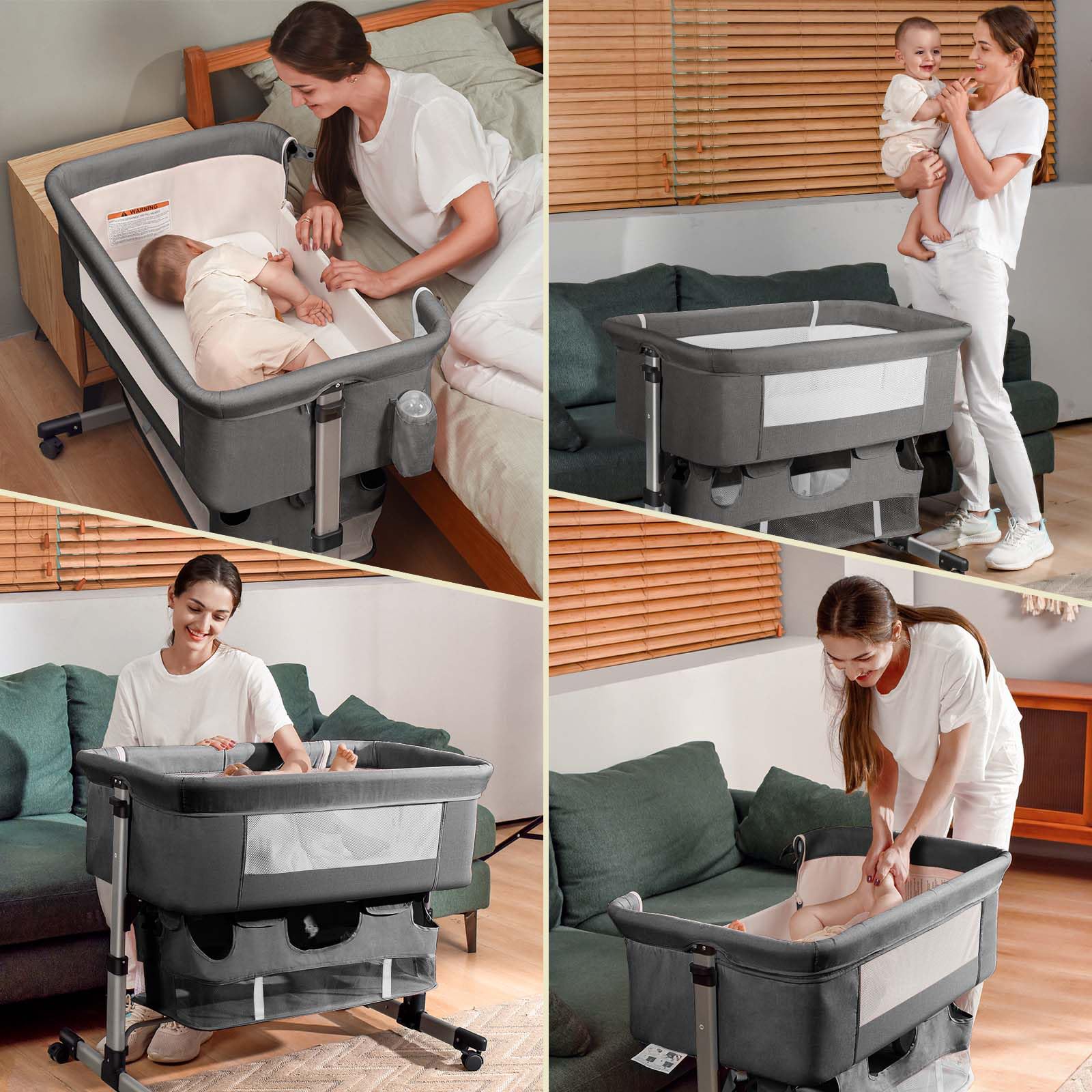 **3-in-1 Adjustable Portable Baby Bedside Crib with Mosquito Net – Grey | Infant Bassinet for Newborns & Travel | Nursery, Co-Sleeping & On-the-Go Convenience**