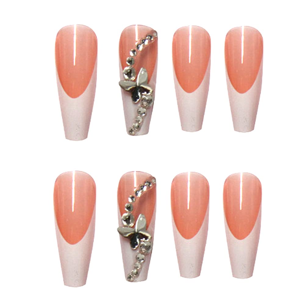 24 Pcs Long Press on Fake Nails - Acrylic Ballet French White with Butterfly Design, Self-Adhesive False Nails for Women & Girls | Perfect for Parties, Weddings, and Special Occasions