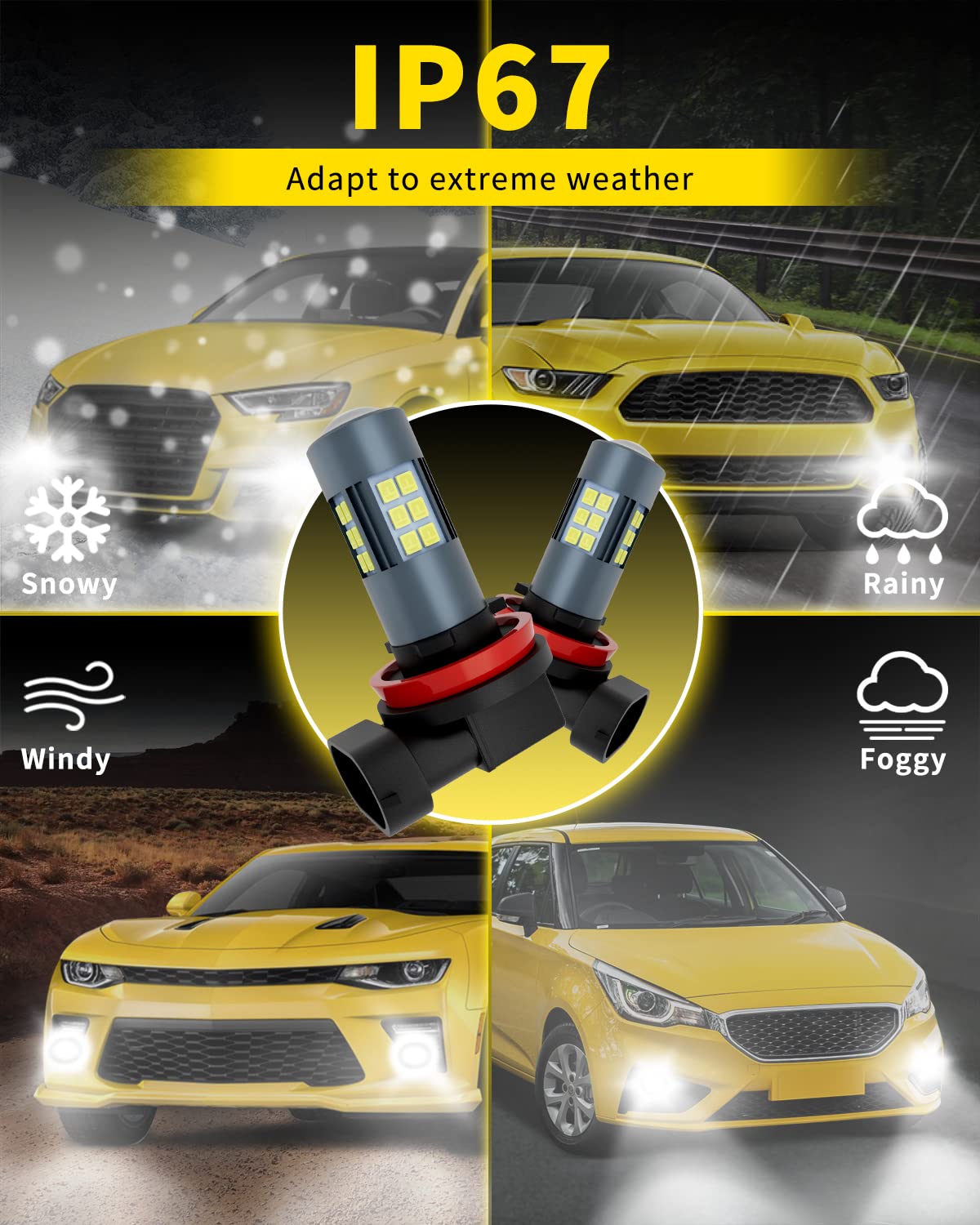 H11 H8 H9 H16 LED Fog Light Bulbs & DRL - 3000 Lumens Super Bright, 6000K Xenon White - 300% Brighter - Non-Polarity Plug & Play - 360° Illumination with 27 SMD Chips - Perfect for Car, Truck, SUV Headlights (Pack of 2) - Ideal for Night Driving, Foggy Conditions & Off-Road Adventures