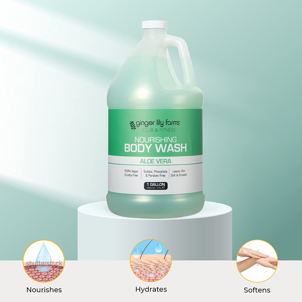 Ginger Lily Farms Club & Fitness Nourishing Body Wash - 100% Vegan, Cruelty-Free, Aloe Vera Scented - 128 Fl Oz (Pack of 4) - Perfect for Gym, Fitness & Post-Workout Shower