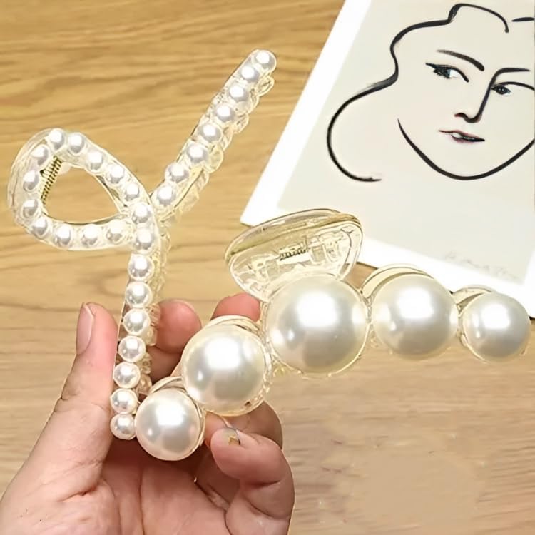 Korean Fashion Large Pearl Hair Claw Clips - Stylish Hair Barrettes for Women & Girls (Set of 2) | Perfect for Updos, Ponytails & Everyday Hairstyles