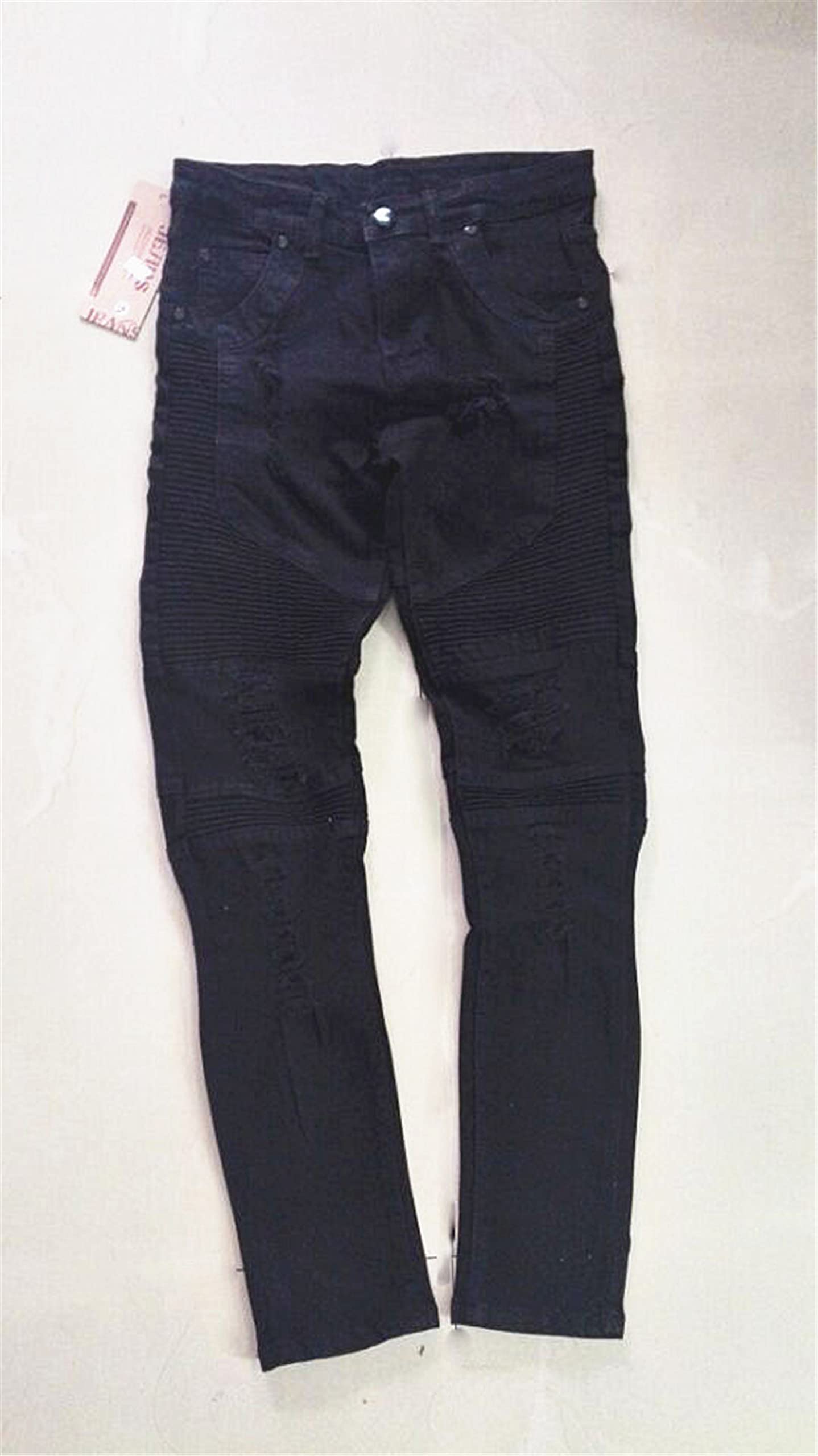 Men's Slim Fit Stretch Skinny Jeans - Washed Black Denim with Pleated Detail & Ripped Destroyed Style for Motorcycle Bikers (Size 33) - Perfect for Casual Wear, Night Out & Urban Street Fashion