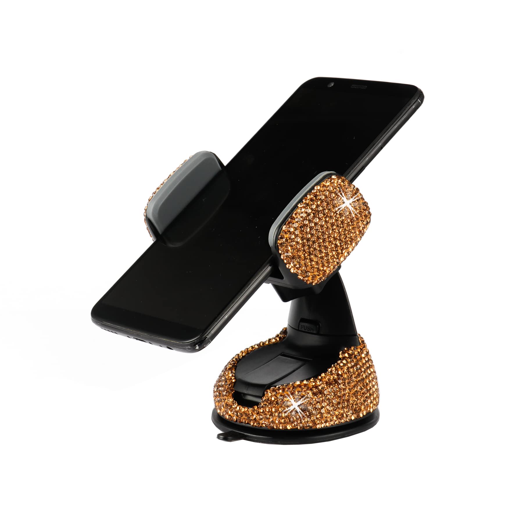 Amiss Universal Bling Car Phone Holder - 360° Adjustable Phone Mount with Extra Air Vent Base | Crystal Car Accessory for Windshield, Dashboard & Vent | Perfect for Safe Driving & Stylish Car Interior (Gold)