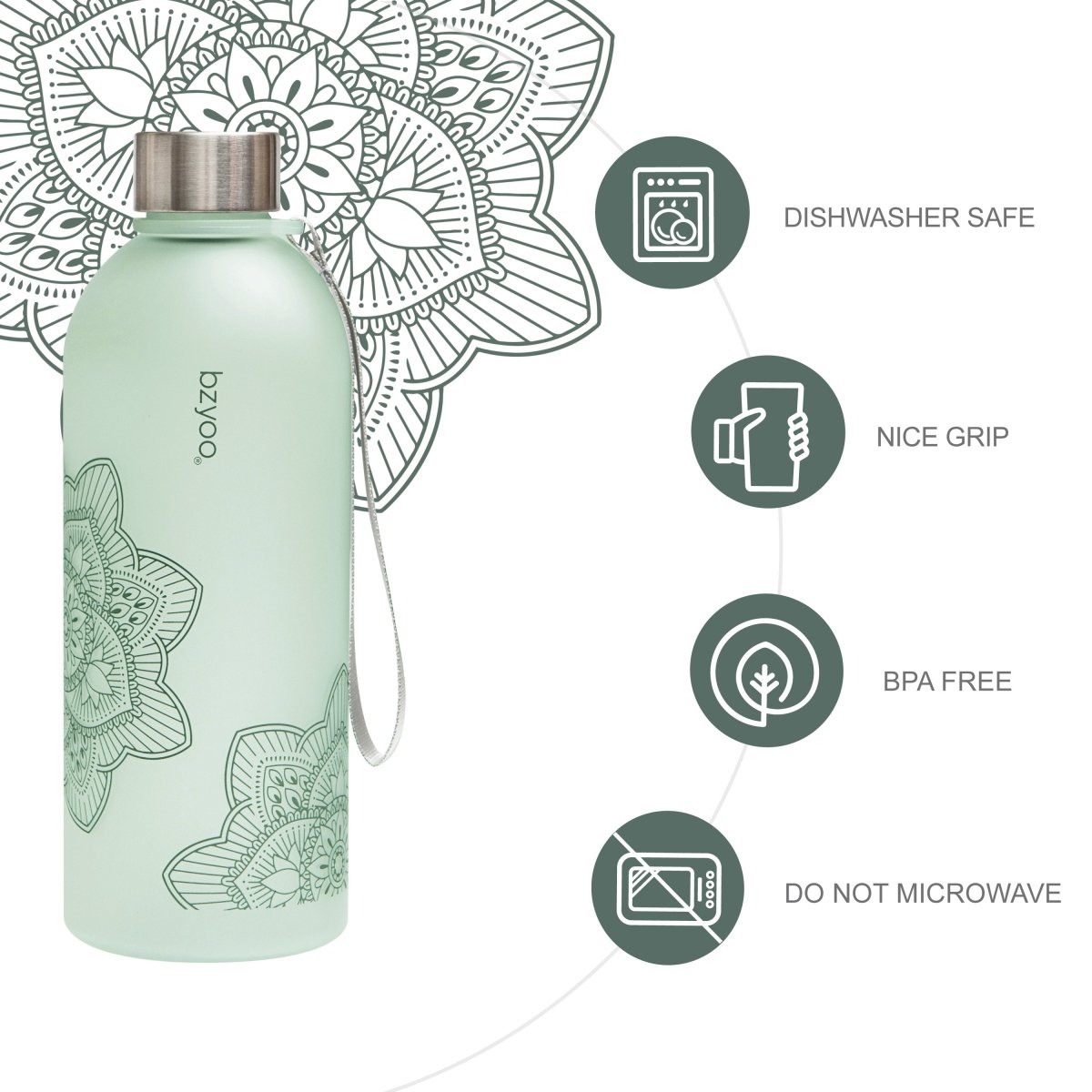 32oz La La Mandala Time Marker Tritan Water Bottle with Carrying Strap - BPA Free, Leak Proof, Motivational Water Tracking - Perfect for Gym, Hiking, Yoga & Daily Hydration (Green)