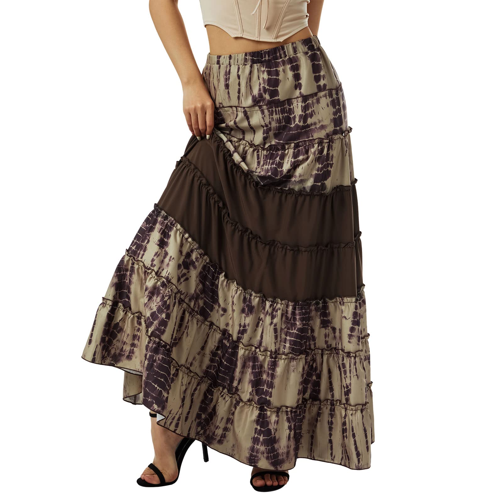 Boho Vintage Women's Long Maxi Skirt - Retro Tie-Dyed Print, Elastic Waist with Ruffled A-Line Design for Beach, Festival & Casual Wear