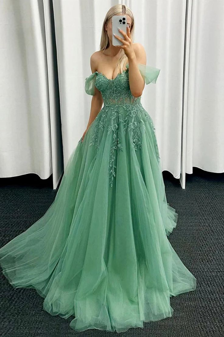 Elegant Off-The-Shoulder Green Tulle Lace Prom Dress for Women - Formal Evening Gown J5037 | Perfect for Homecoming, Wedding Guest & Special Occasions