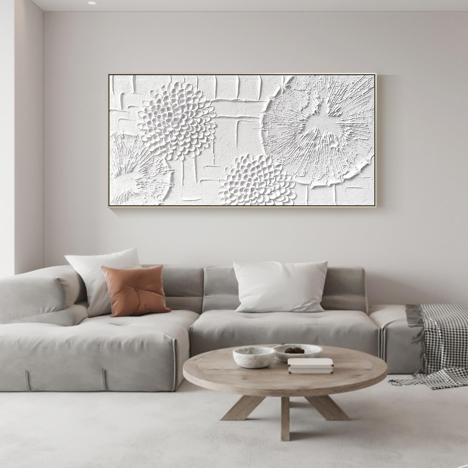 Large White Textured Canvas Wall Art - Hand Painted 3D Dandelion Oil Painting Wabi Sabi Minimalist Gold Framed Artwork (48x24 Inches) - Perfect for Living Room, Bedroom & Office Wall Decor | Modern Boho Home Aesthetic