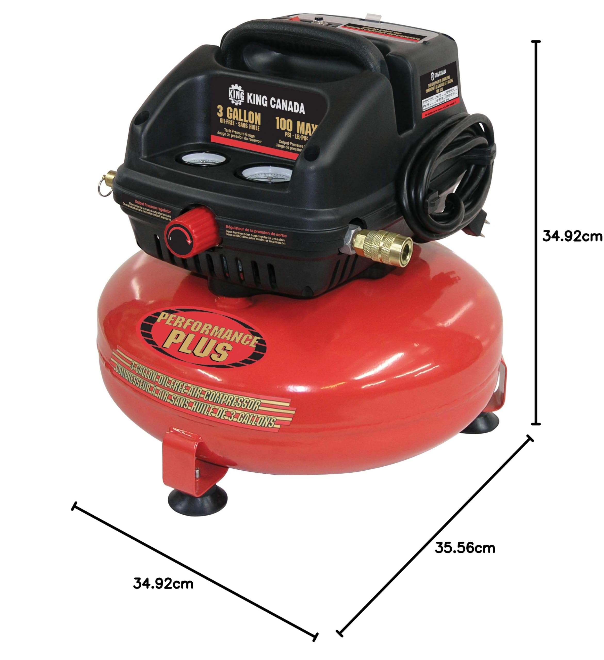 King Canada 8438 3 Gallon Oil-Free Air Compressor Kit - Portable & Quiet for Home DIY, Nail Guns, Inflating Tires & Sports Equipment