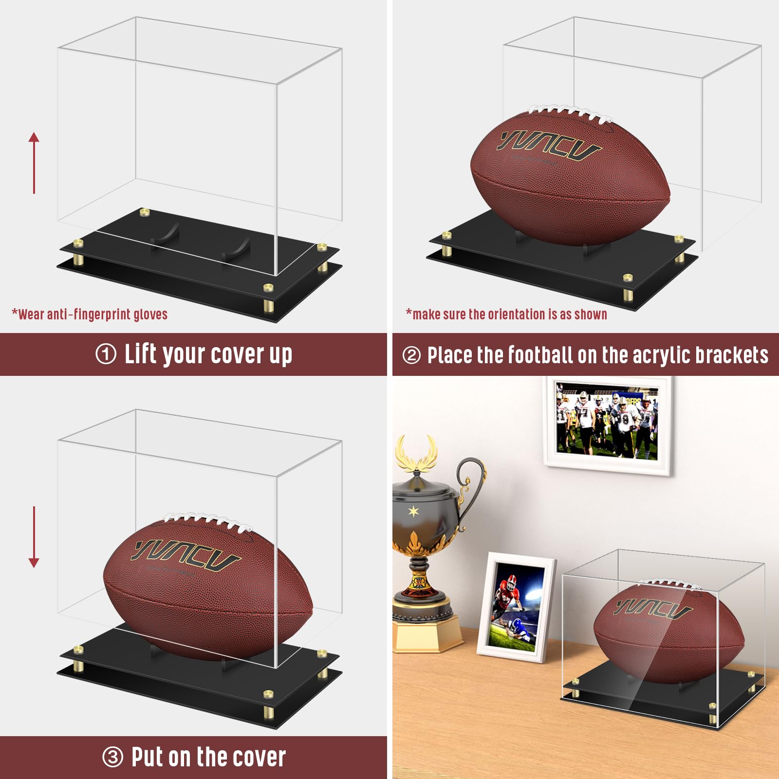 1DOT2 Clear Acrylic Football Display Case - Double-Layer Black Built-in Holder for Collectible Footballs | Perfect for Sports Memorabilia Display, Home Decor, and Gift for Football Fans (No Assembly Required)