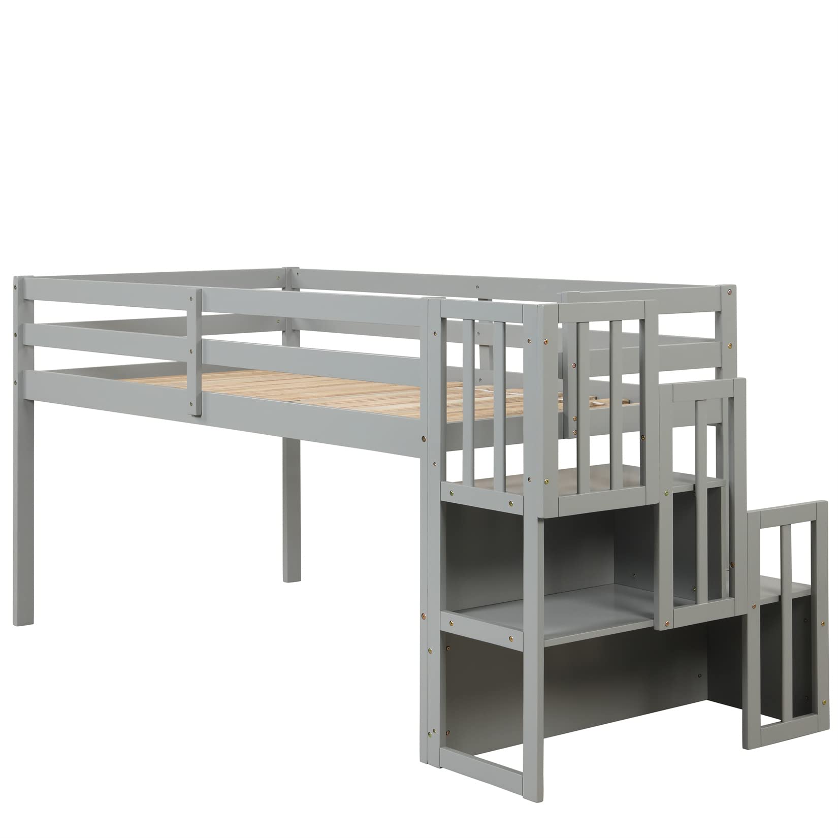 Bellemave Low Loft Twin Bed with Stairs & Storage - Sturdy Wooden Bed Frame for Kids, Teens, Boys & Girls - Space-Saving Gray Bedroom Furniture for Small Rooms, Dorms & Apartments