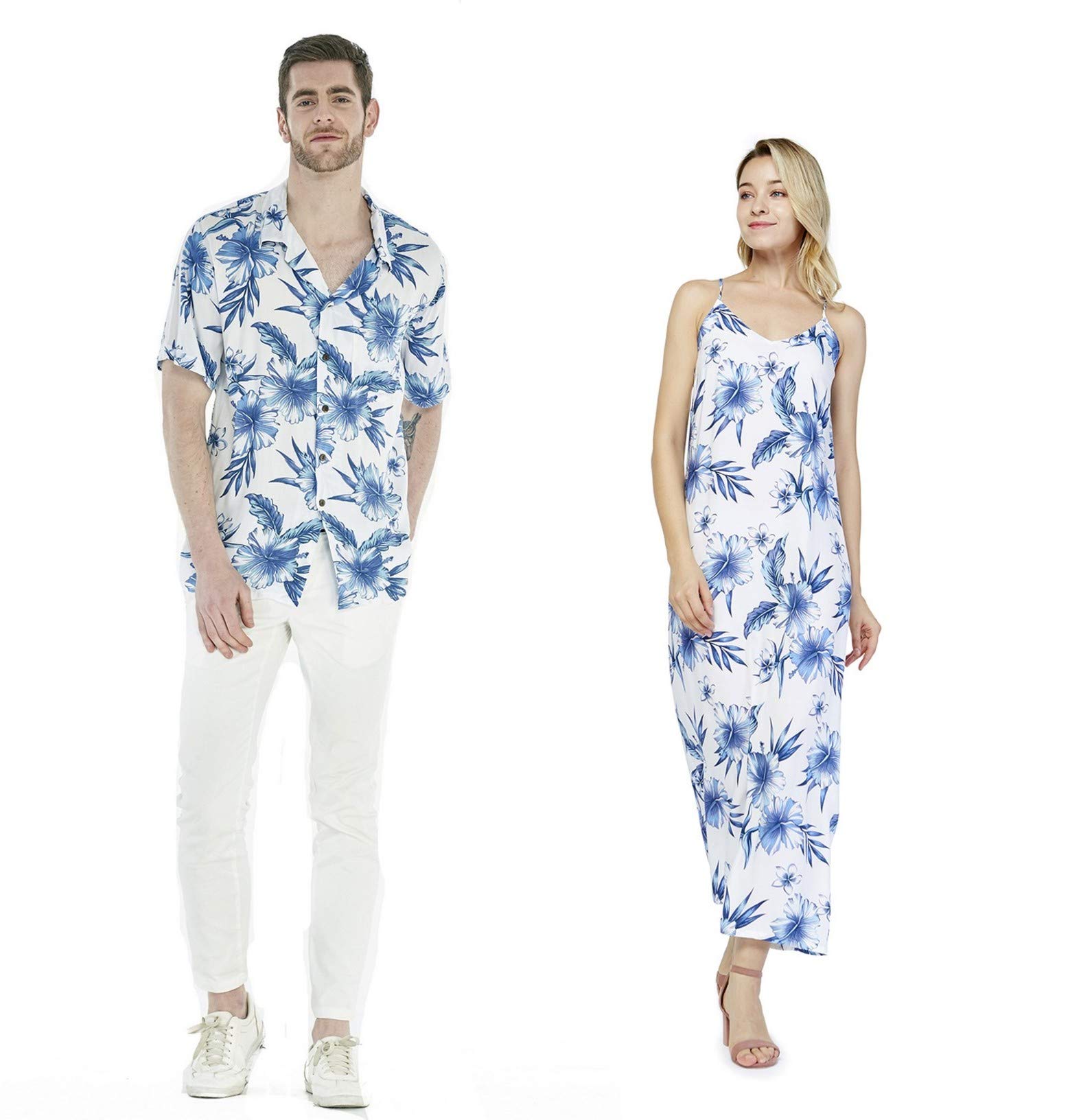 Hawaiian Couple Matching Outfits - Luau Shirt & Maxi Sweetheart Dress Set in Midnight Bloom Floral Print | Perfect for Beach Vacations, Summer Parties & Tropical Getaways