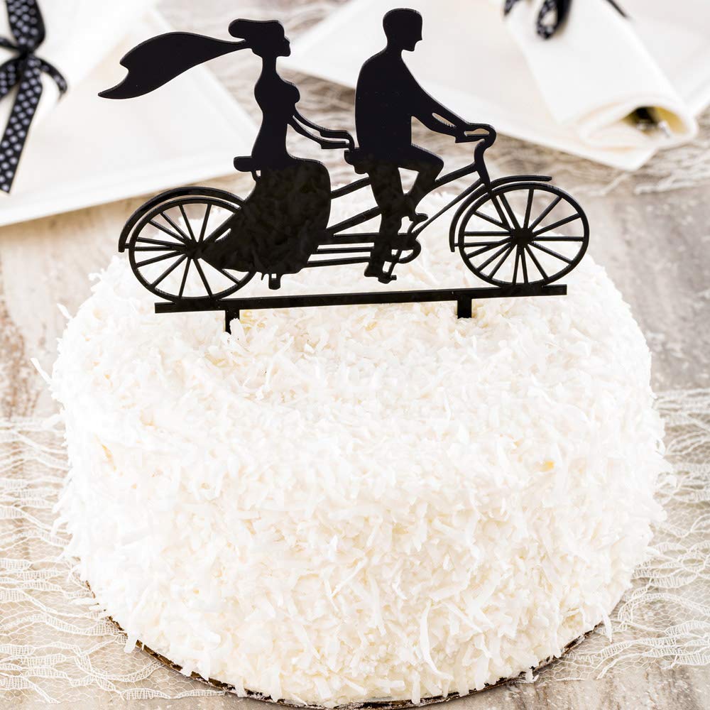 Romantic Silhouette Wedding Cake Topper - Bride & Groom on Tandem Bike - Black Acrylic Anniversary & Engagement Party Decor - Perfect for Wedding Cakes, Anniversary Celebrations, and Romantic Events