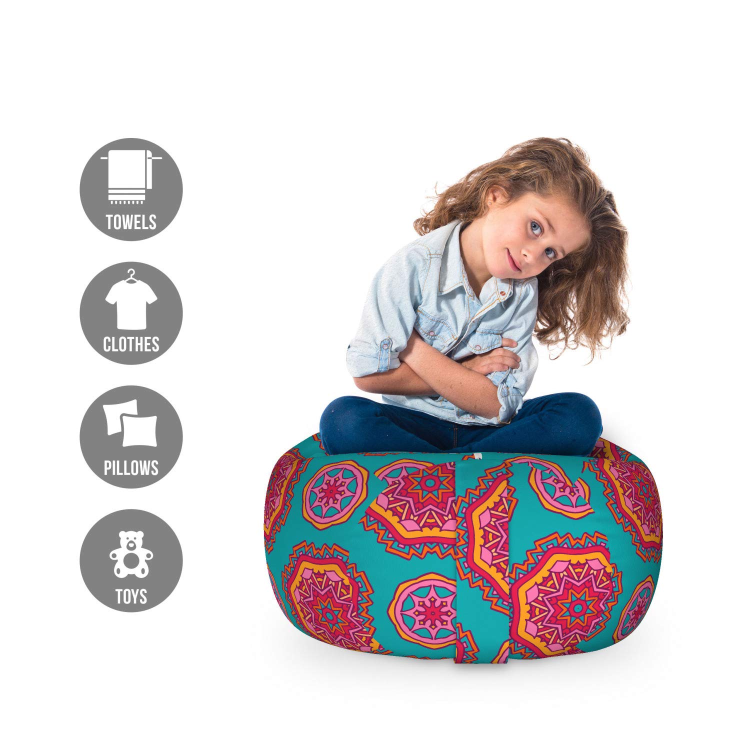 Ambesonne Ethnic Toy Storage Bag Chair - Oriental Cosmos Paisley Ottoman Design, Washable Stuffed Animal Organizer, Small Size in Teal Orange & Magenta - Perfect for Kids' Room, Nursery, and Playroom Organization