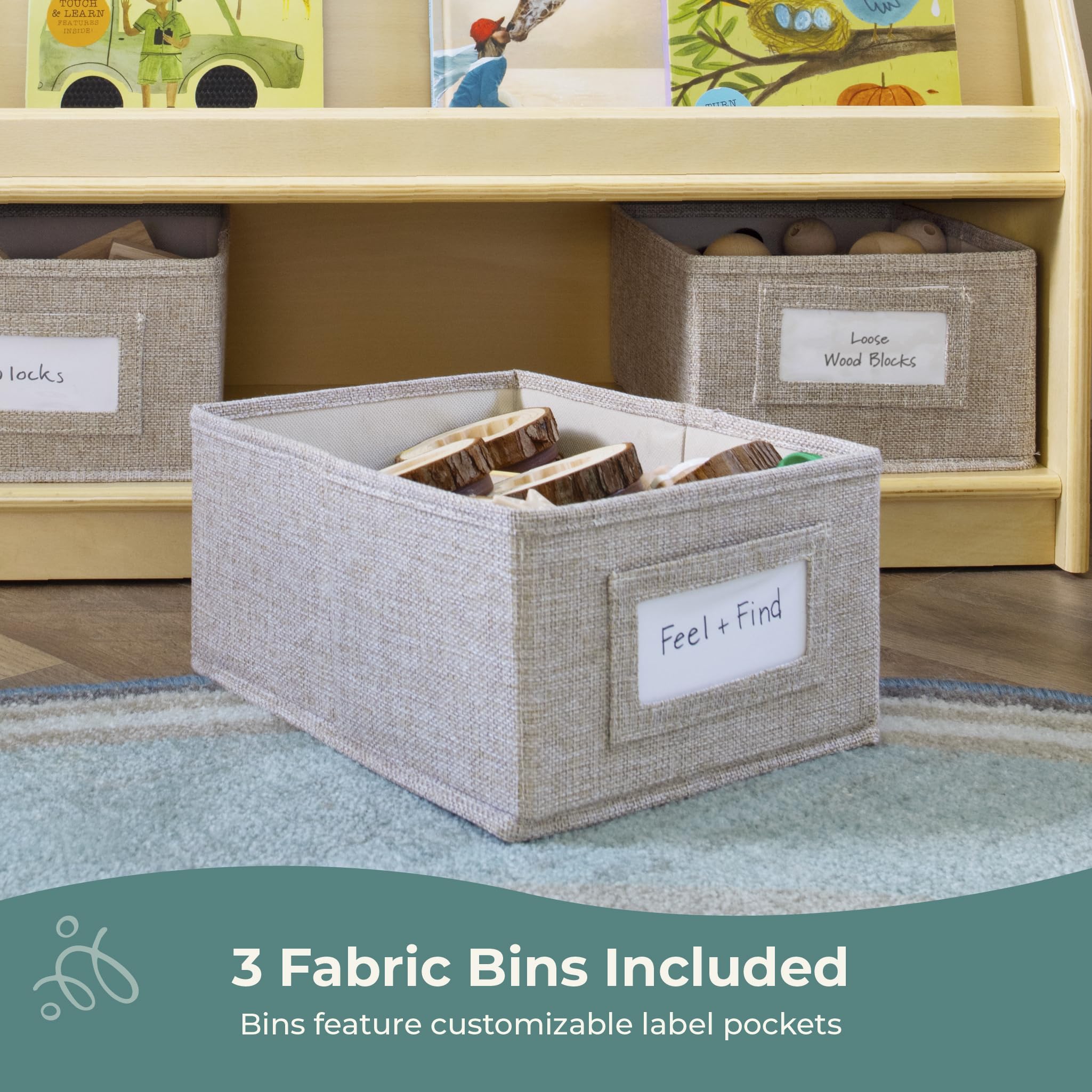Guidecraft EdQ Natural Wood Book & Bin Display with 3 Fabric Storage Bins - Multi-Purpose Bookcase & Toy Organizer for Homeschool, Classroom & Kids' Room Storage Solutions