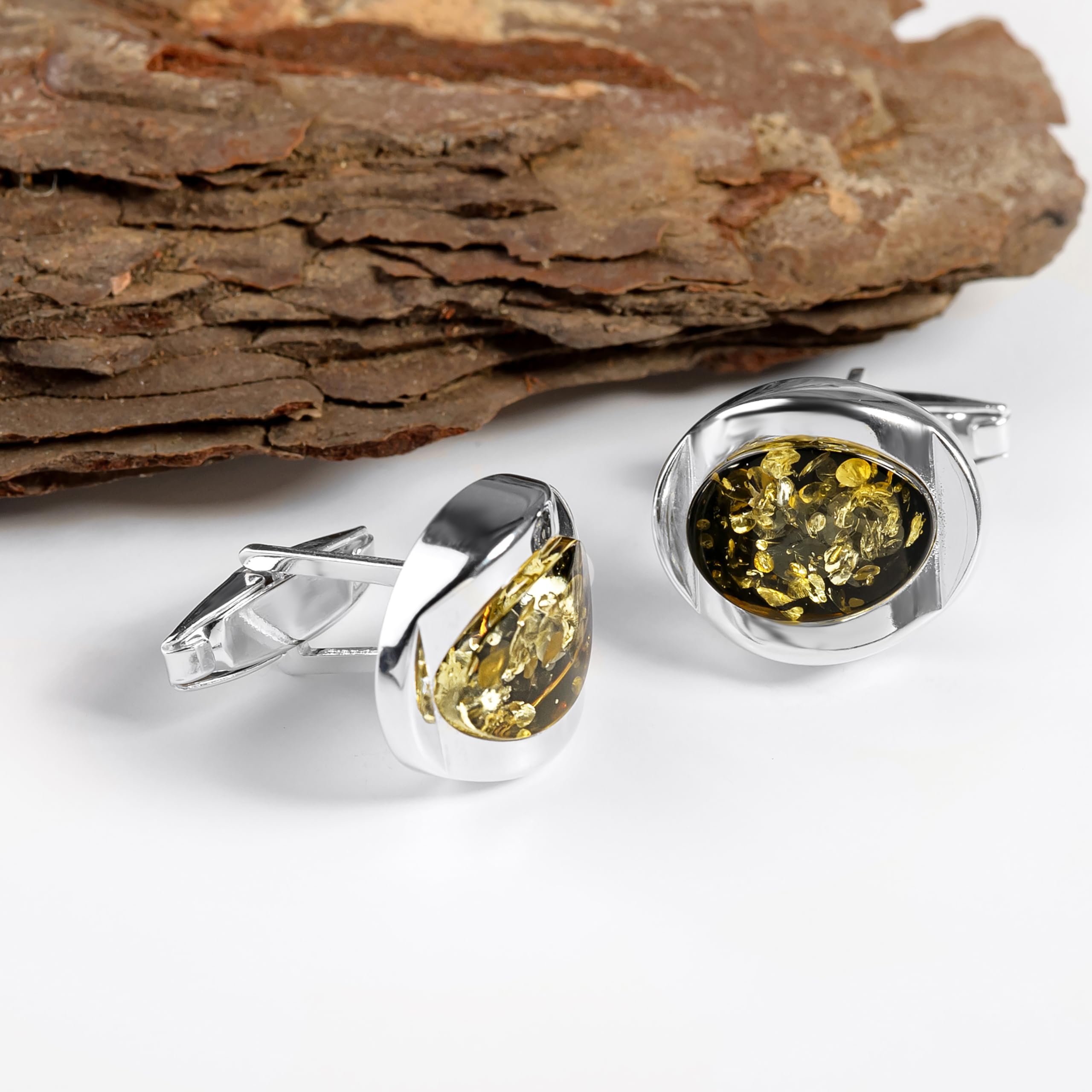 Sterling Silver Amber Cufflinks for Men - Elegant Green Wedding Jewelry & Perfect Gift for Him - Ideal for Formal Events, Weddings, and Special Occasions