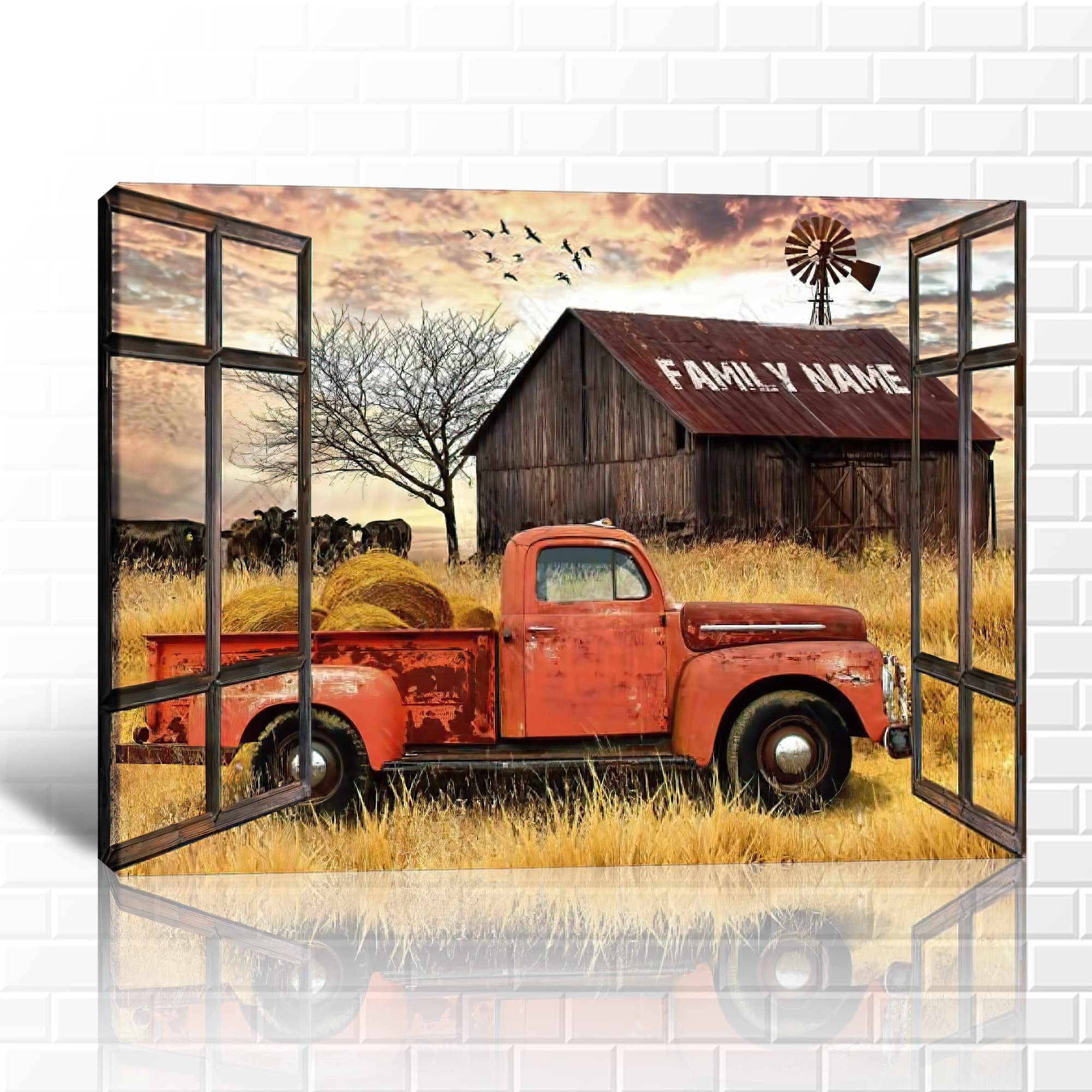 Farmhouse Truck Wall Art - Vintage Red Truck Canvas Painting for Country Home Decor - Personalized Barn & Window Picture - Custom Wall Art 32x48 Inches - Perfect for Living Room, Bedroom or Rustic Office Decor