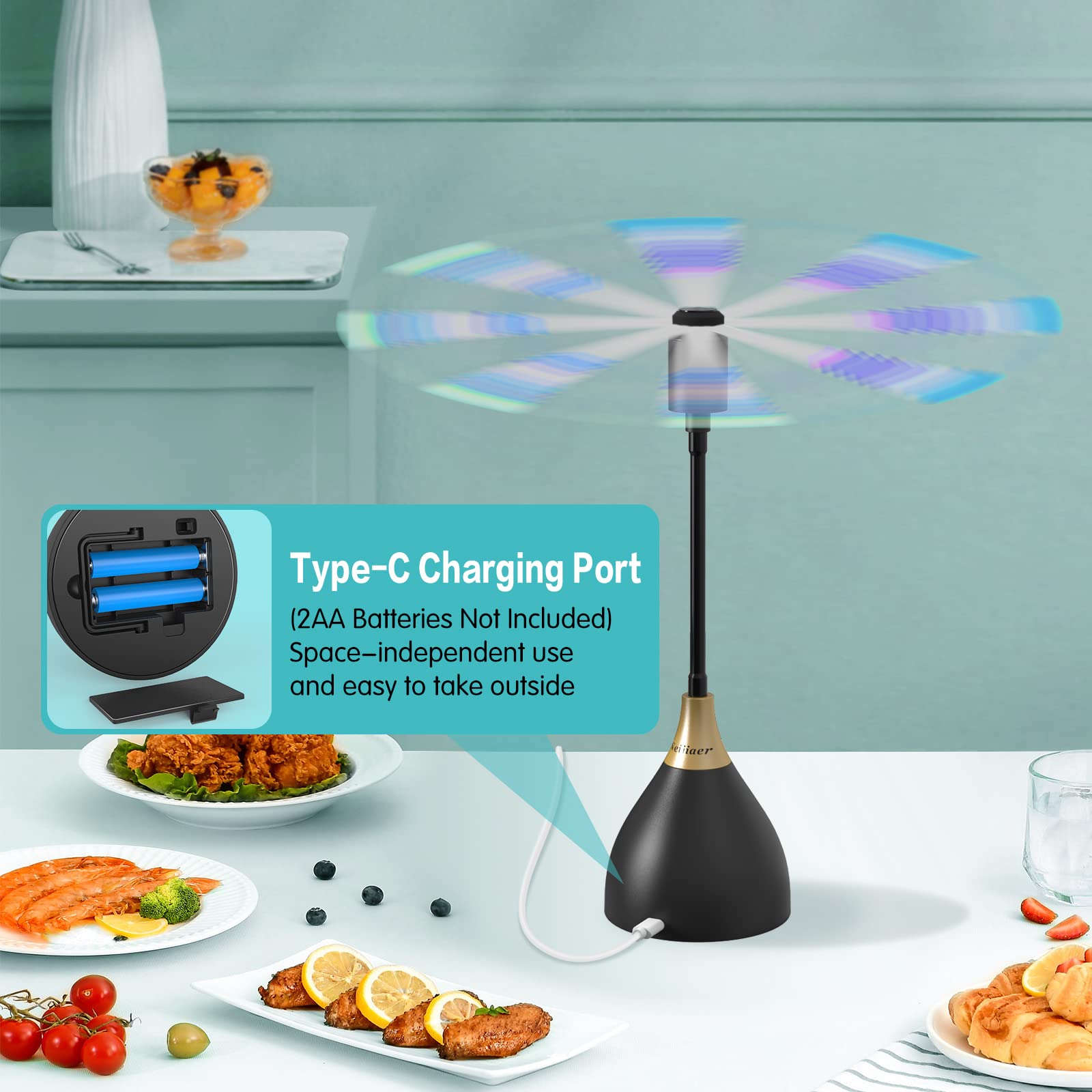 4 Pack USB/Battery Powered Silent Table Fly Fan - Soft Blade Fly Repellent Fan for Outdoor Dining, Picnics & Kitchen Use - Keep Food Clean & Fly-Free