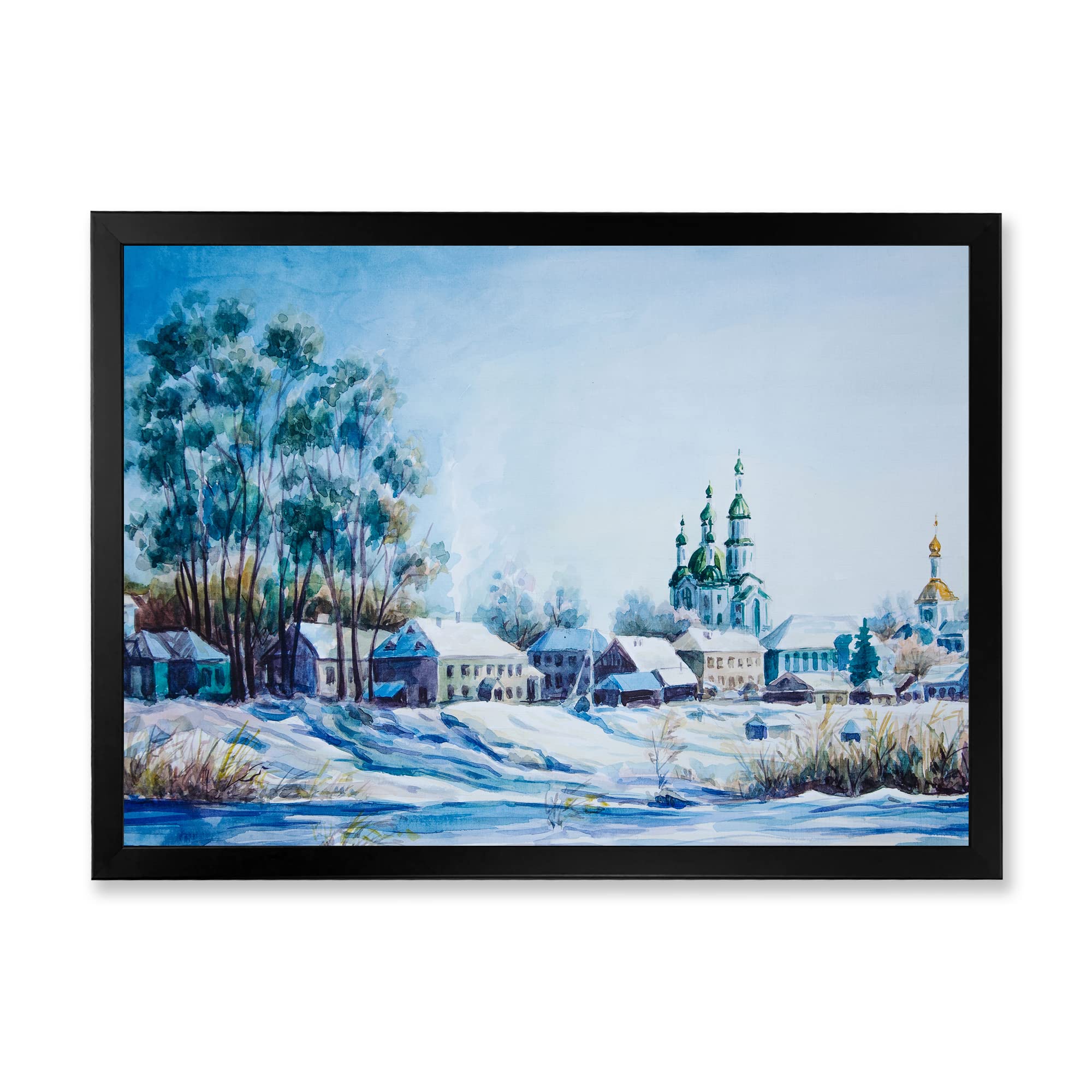 DesignQ Small Town Winter Scene Traditional Framed Wall Art - Perfect for Living Room, Bedroom & Office Decor