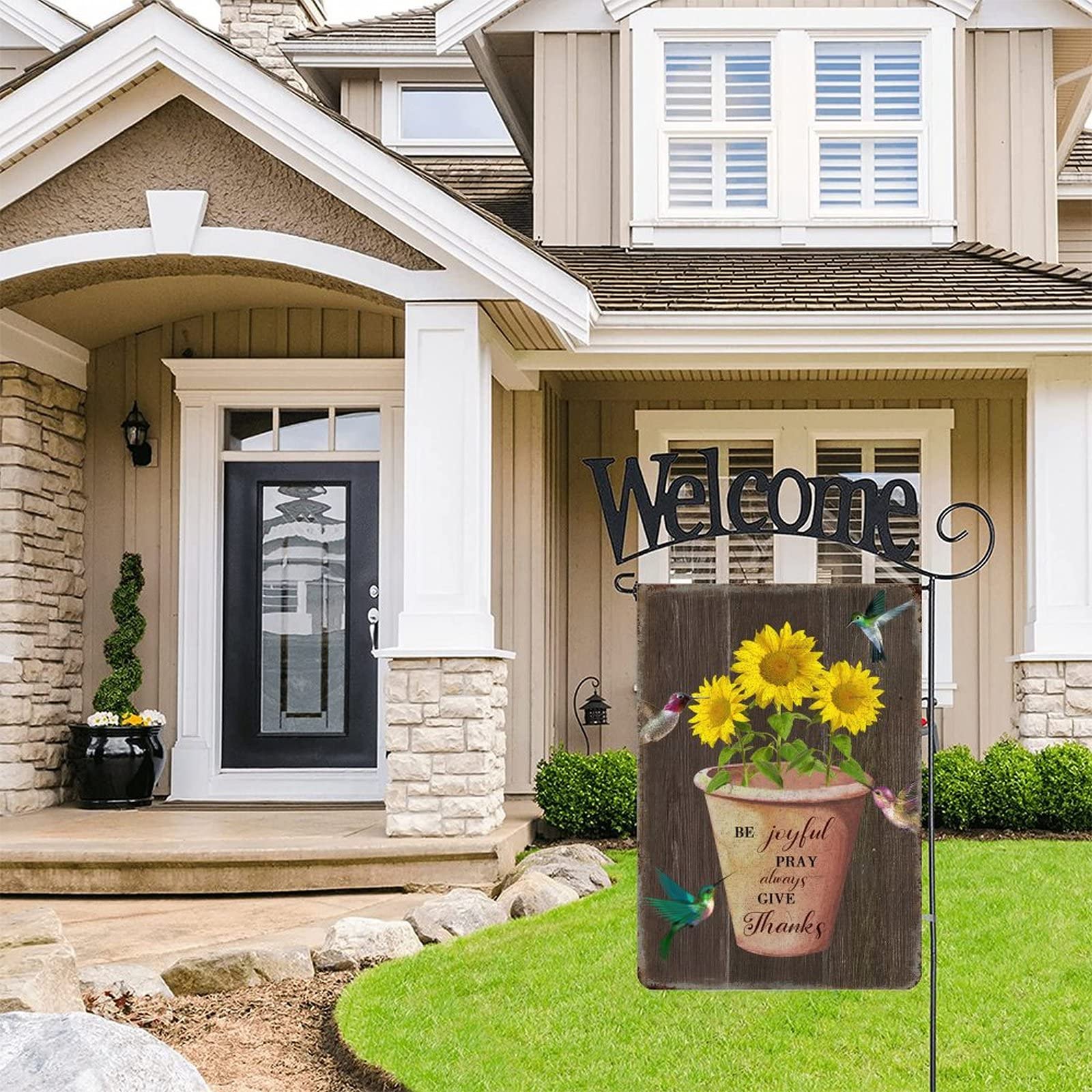 Premium Double-Sided Welcome Garden Flag - Be Joyful Pray Always Give Thanks Rustic Yard Banner for Farmhouse, Halloween & Summer Decor - 28x40 Inch Outdoor House Flag for Porch, Lawn & Garden Decoration