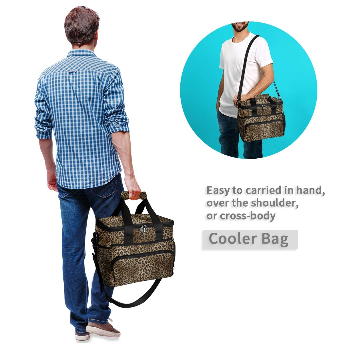 Large Insulated Leopard Print Lunch Bag - 15L Cooler Tote for Women & Men, Reusable Travel Picnic Lunchbox with Ice Pack | Perfect for Work, School, Outdoor & Beach